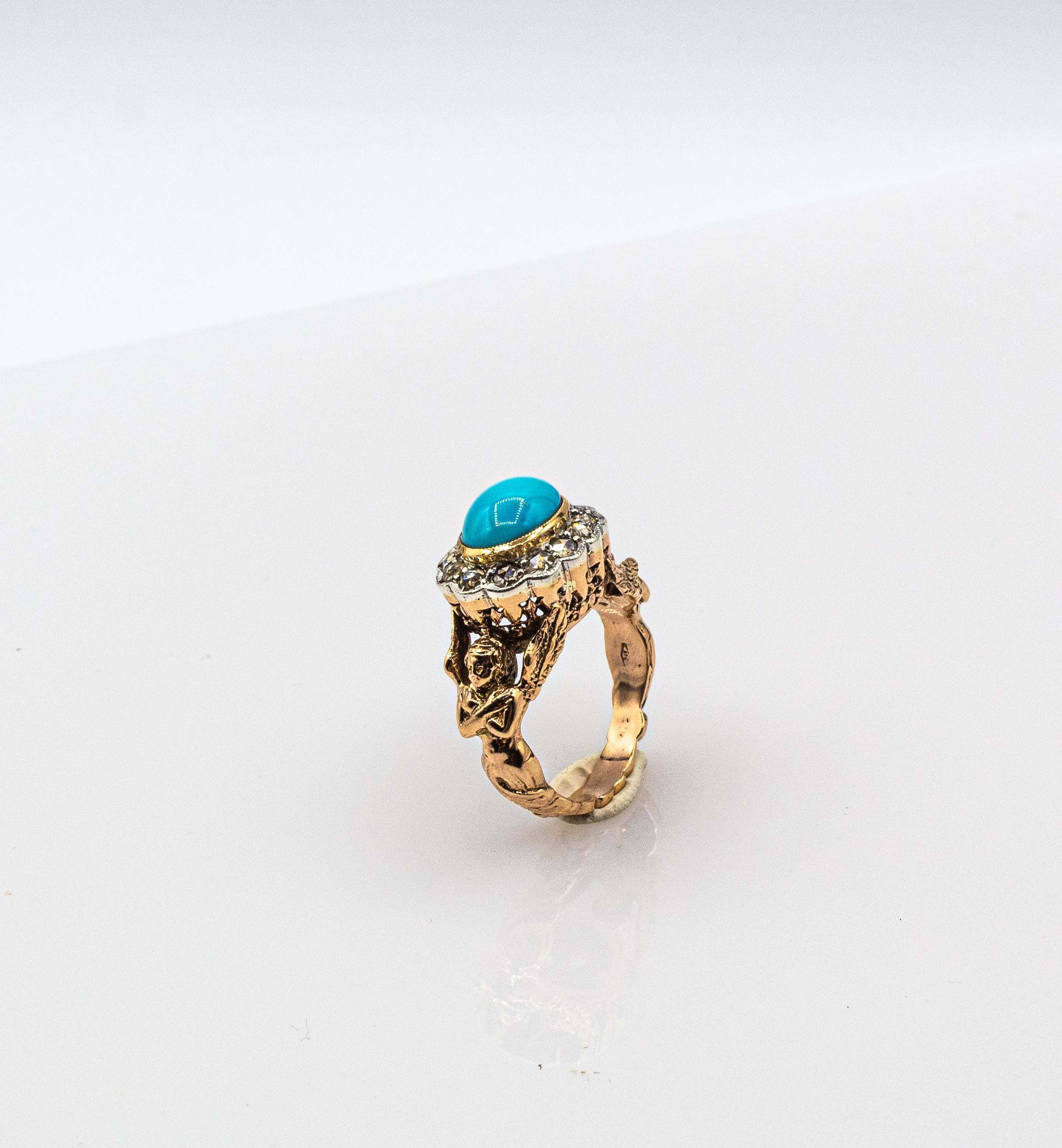 Bague de cocktail en or jaune, diamant blanc, taille cabochon, turquoise, style Art Nouveau en vente 2