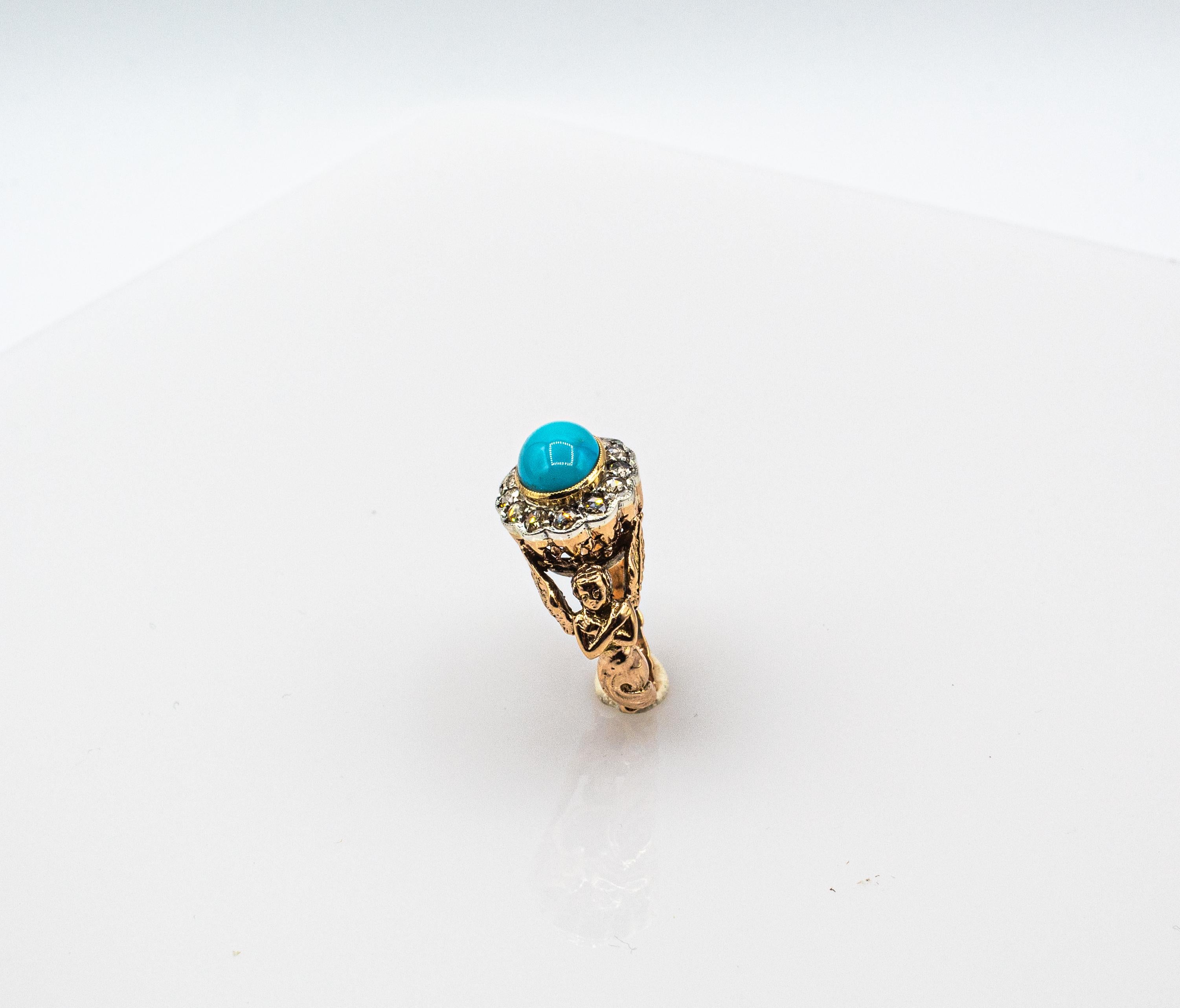 Art Nouveau Style White Diamond Cabochon Cut Turquoise Yellow Gold Cocktail Ring For Sale 4