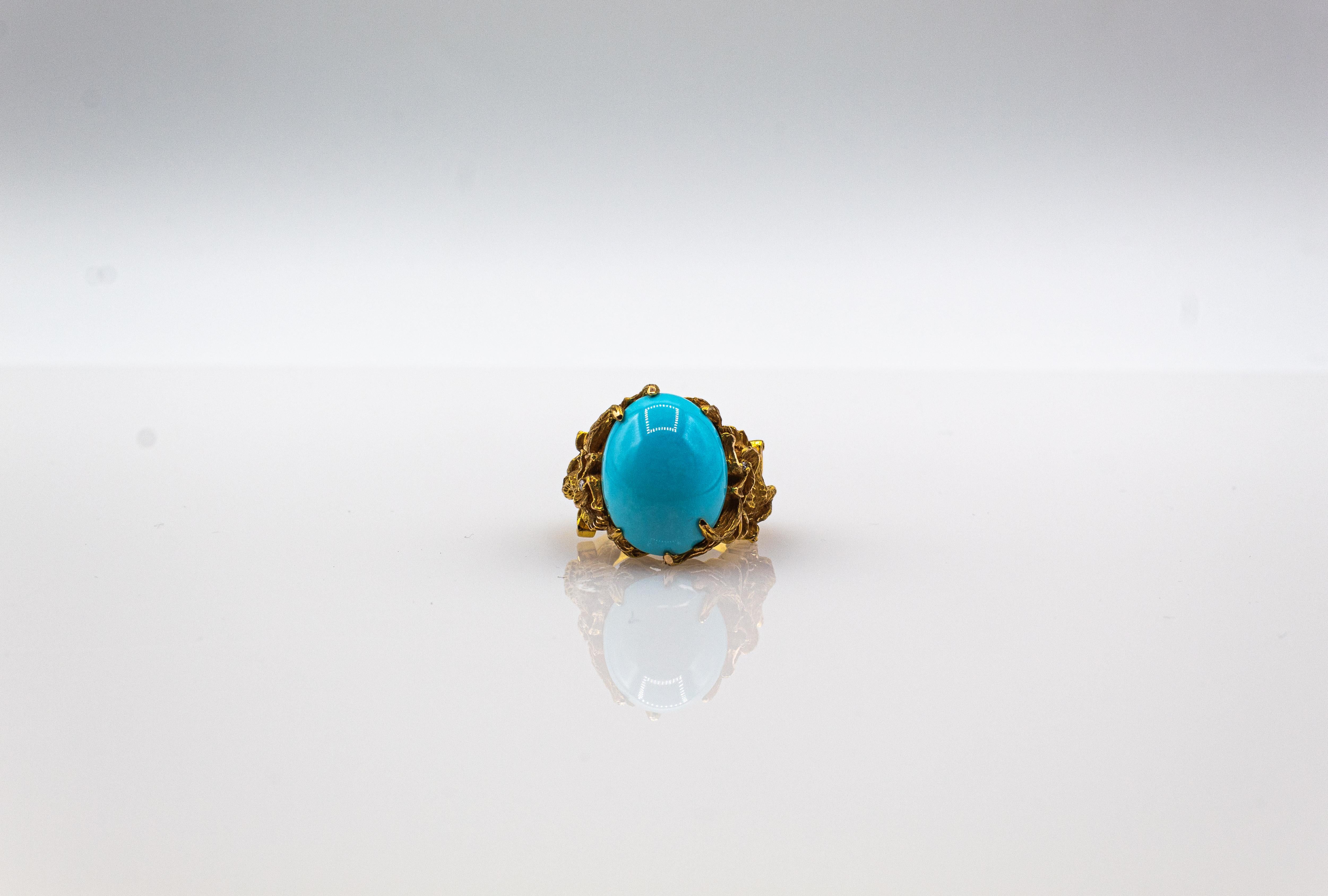 Art Nouveau Style White Diamond Cabochon Cut Turquoise Yellow Gold Dragons Ring 6