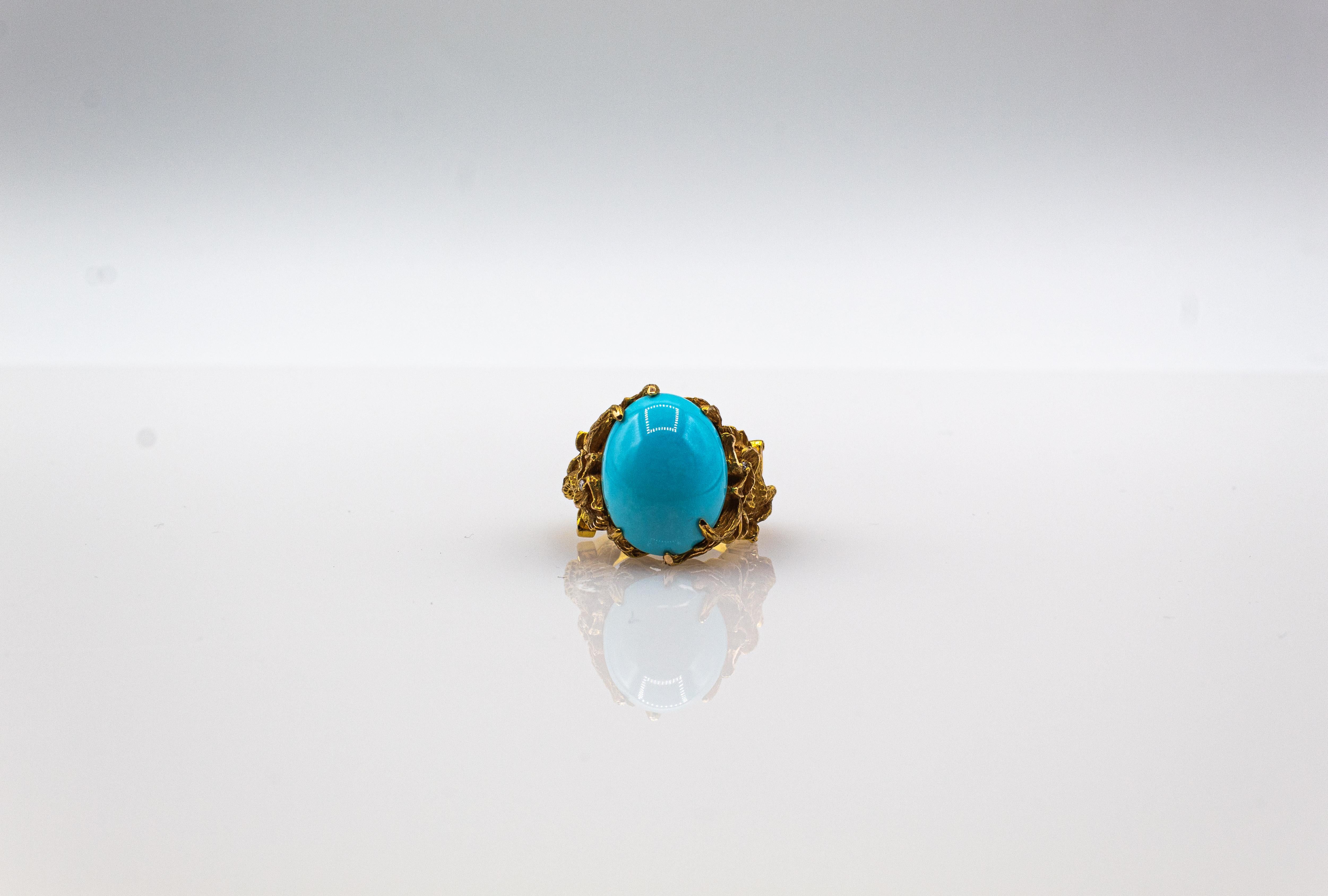 Art Nouveau Style White Diamond Cabochon Cut Turquoise Yellow Gold Dragons Ring For Sale 6