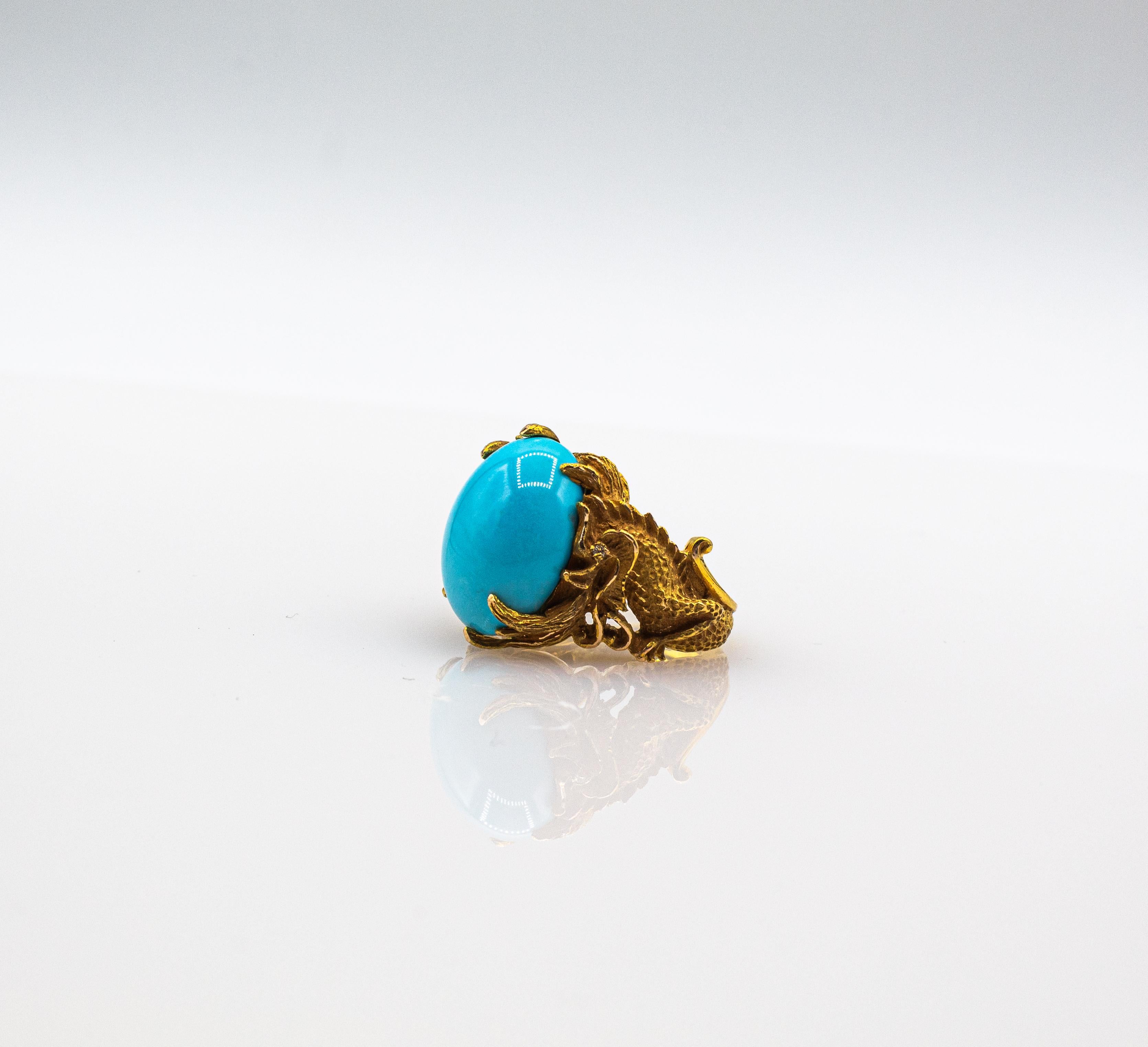Art Nouveau Style White Diamond Cabochon Cut Turquoise Yellow Gold Dragons Ring For Sale 7