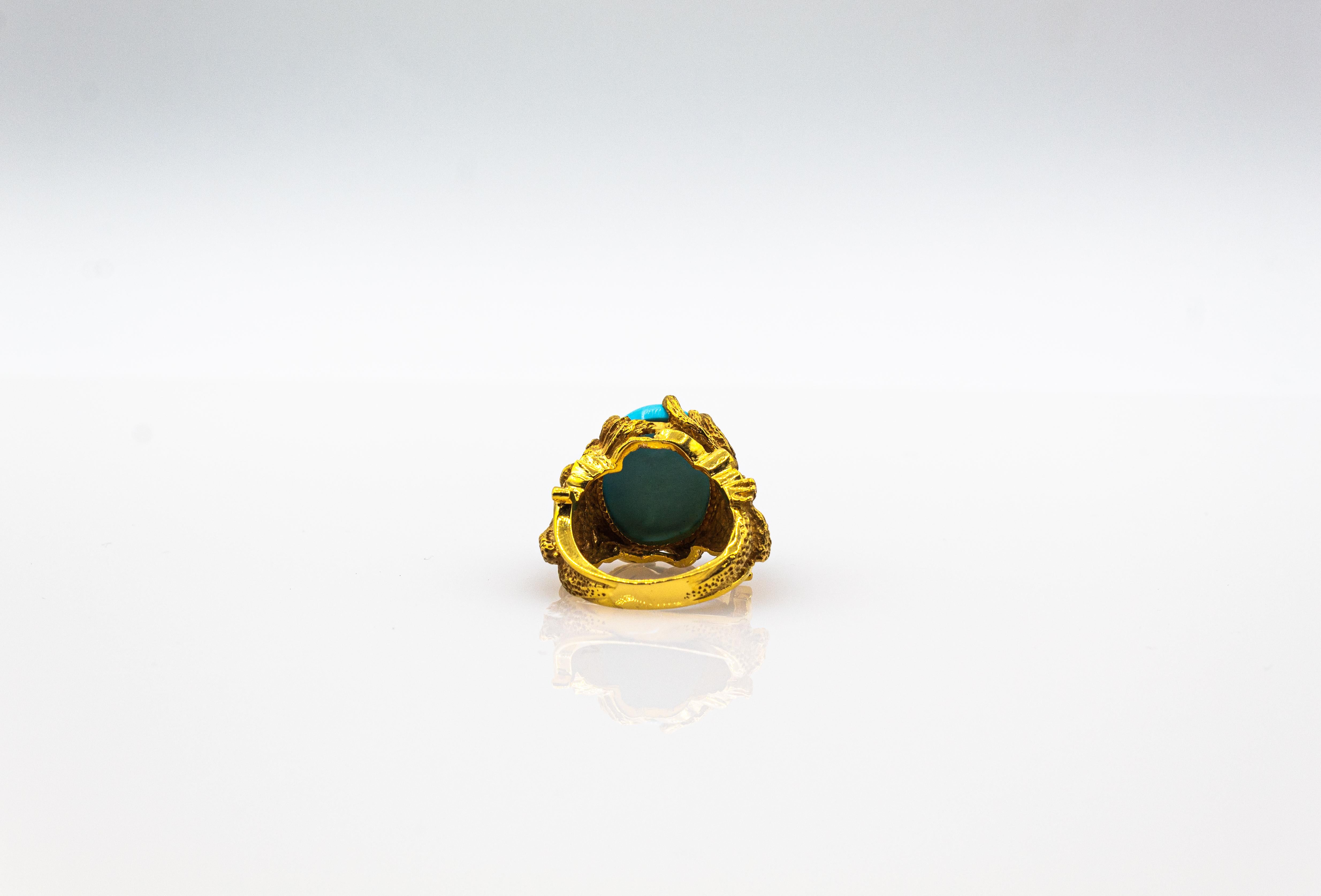 Art Nouveau Style White Diamond Cabochon Cut Turquoise Yellow Gold Dragons Ring 8