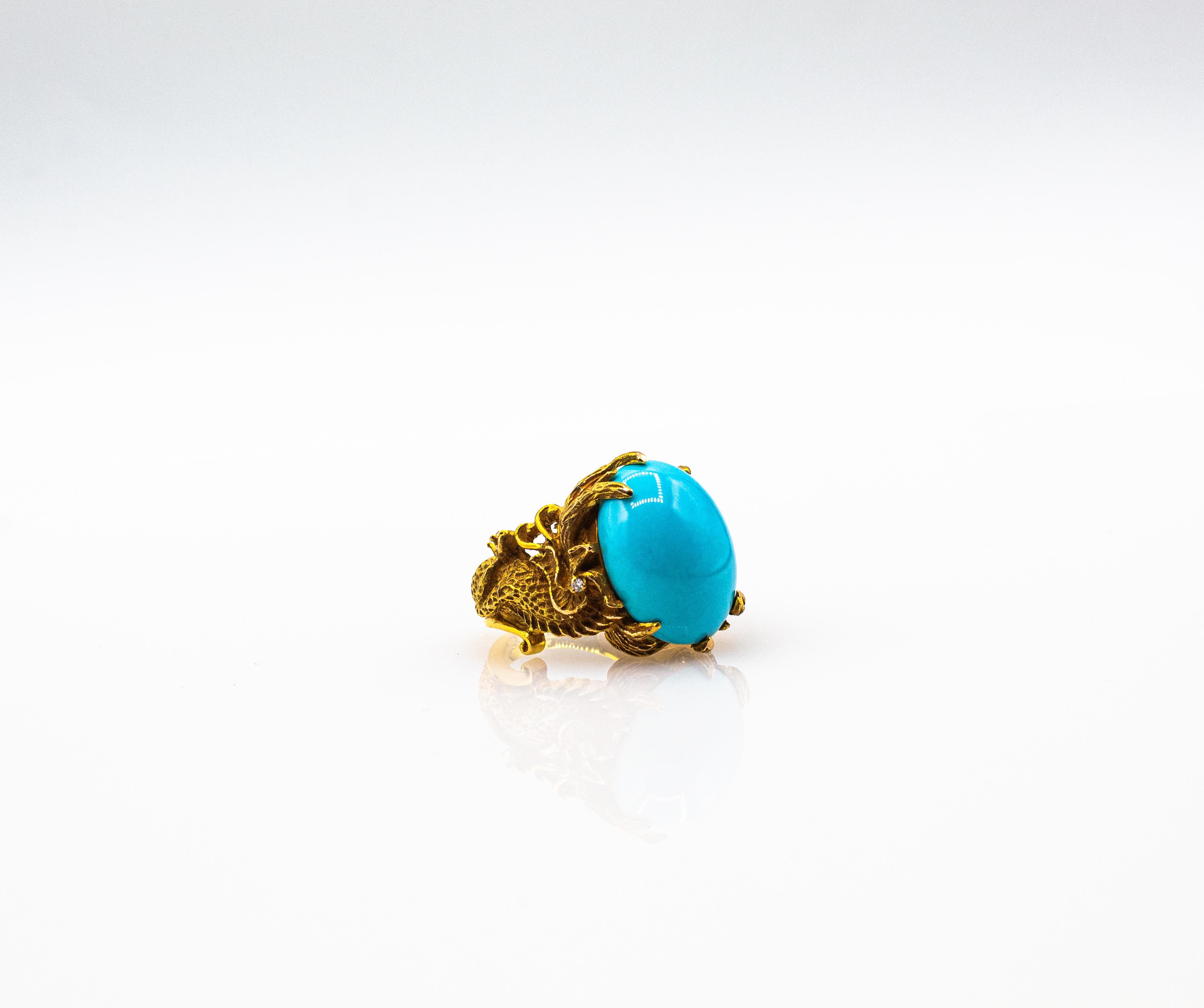 Art Nouveau Style White Diamond Cabochon Cut Turquoise Yellow Gold Dragons Ring 9