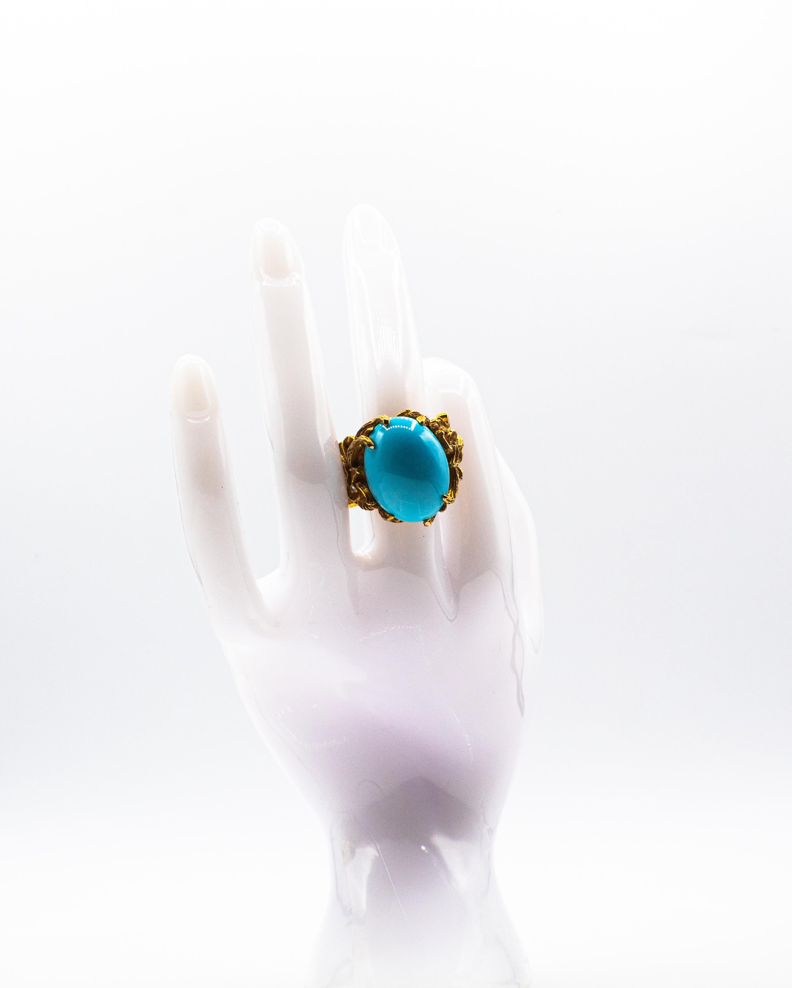 Art Nouveau Style White Diamond Cabochon Cut Turquoise Yellow Gold Dragons Ring 10