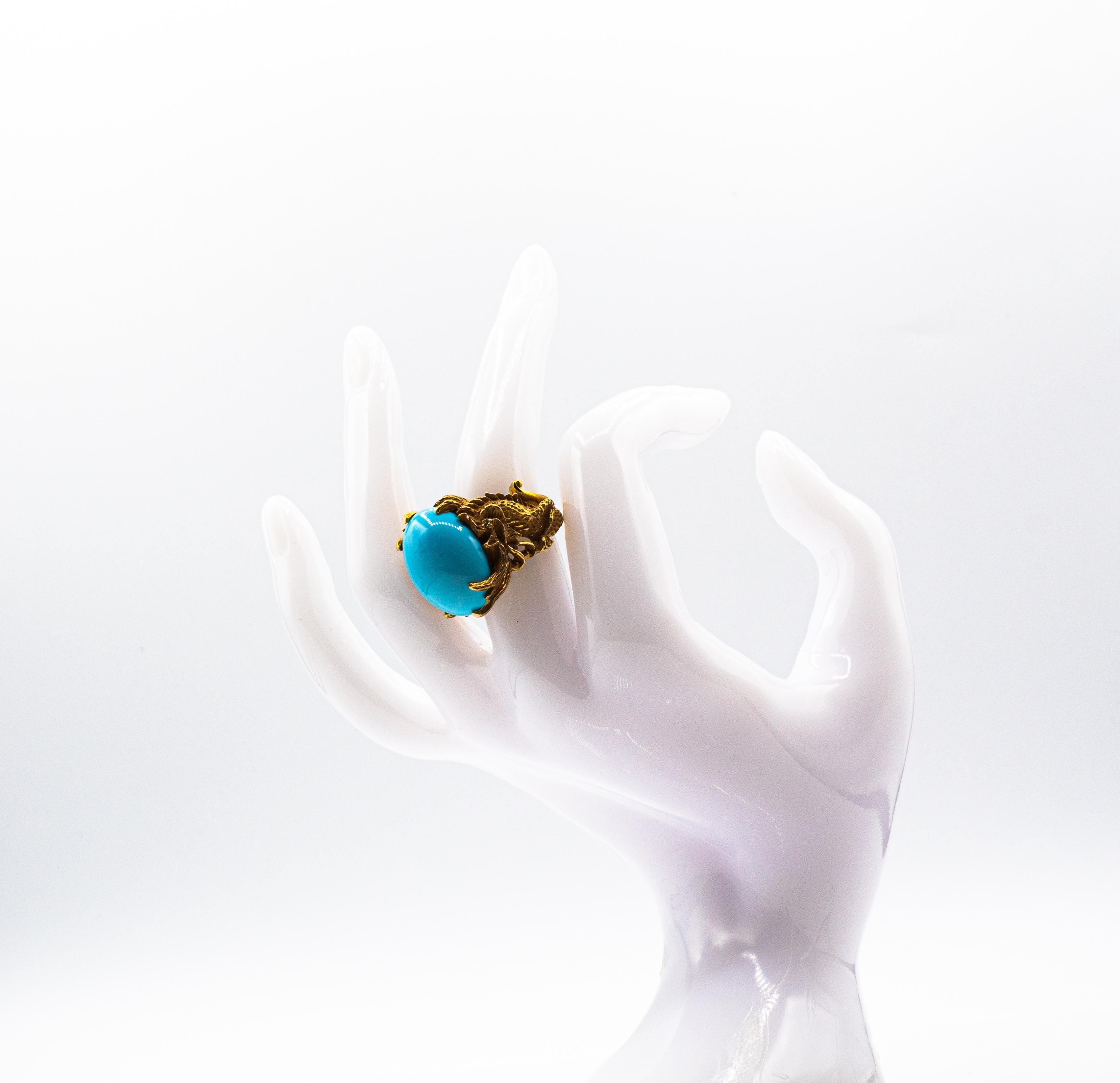 Art Nouveau Style White Diamond Cabochon Cut Turquoise Yellow Gold Dragons Ring For Sale 11