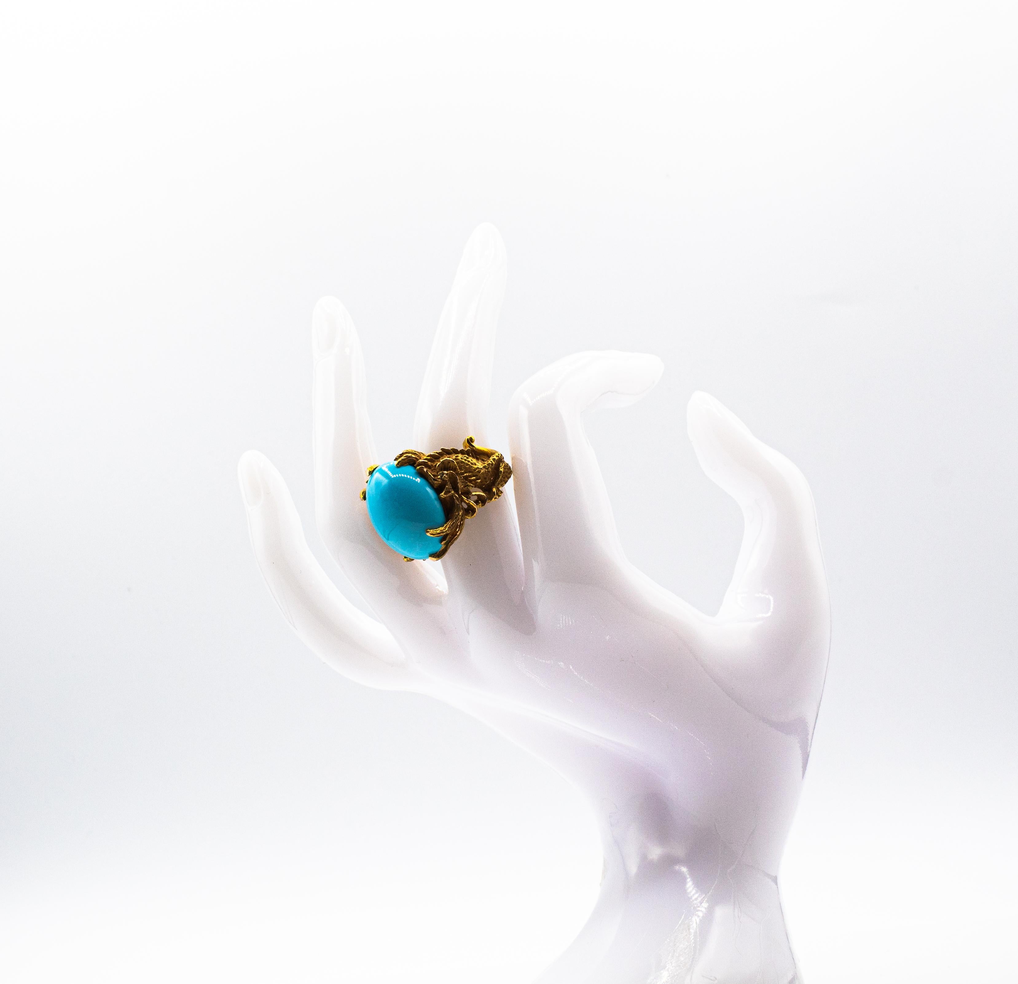 Art Nouveau Style White Diamond Cabochon Cut Turquoise Yellow Gold Dragons Ring 11