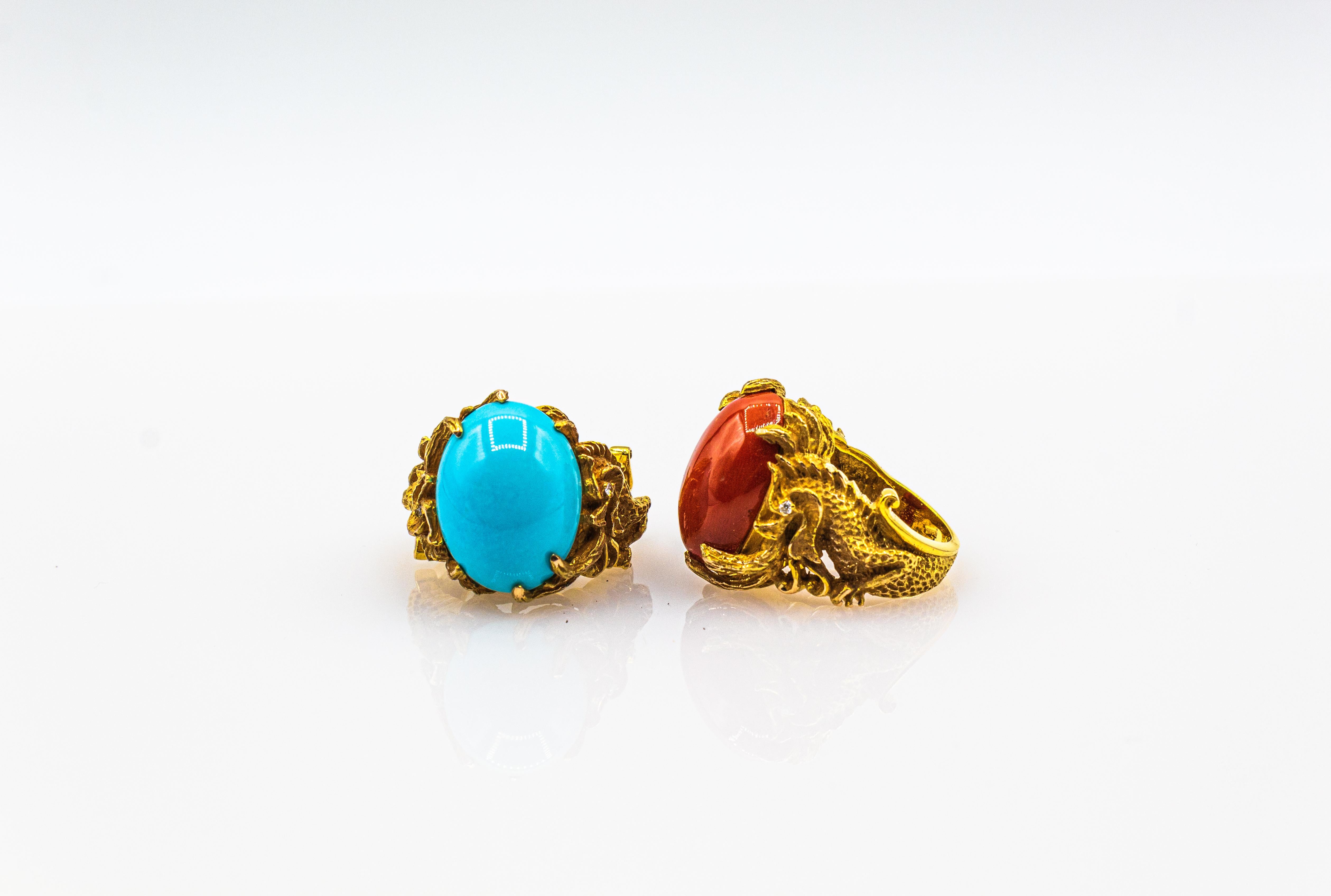 Women's or Men's Art Nouveau Style White Diamond Cabochon Cut Turquoise Yellow Gold Dragons Ring