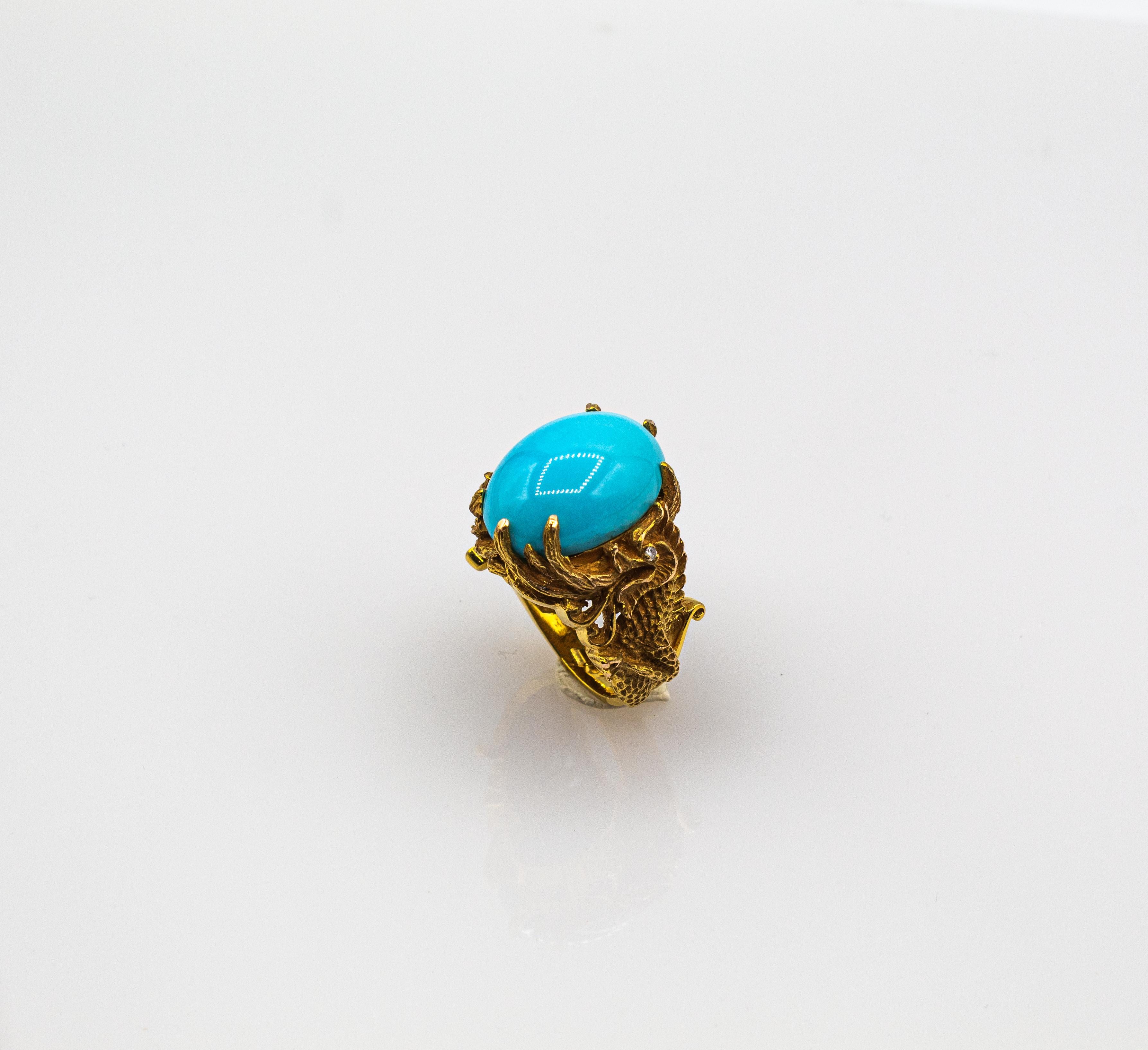 Art Nouveau Style White Diamond Cabochon Cut Turquoise Yellow Gold Dragons Ring For Sale 2