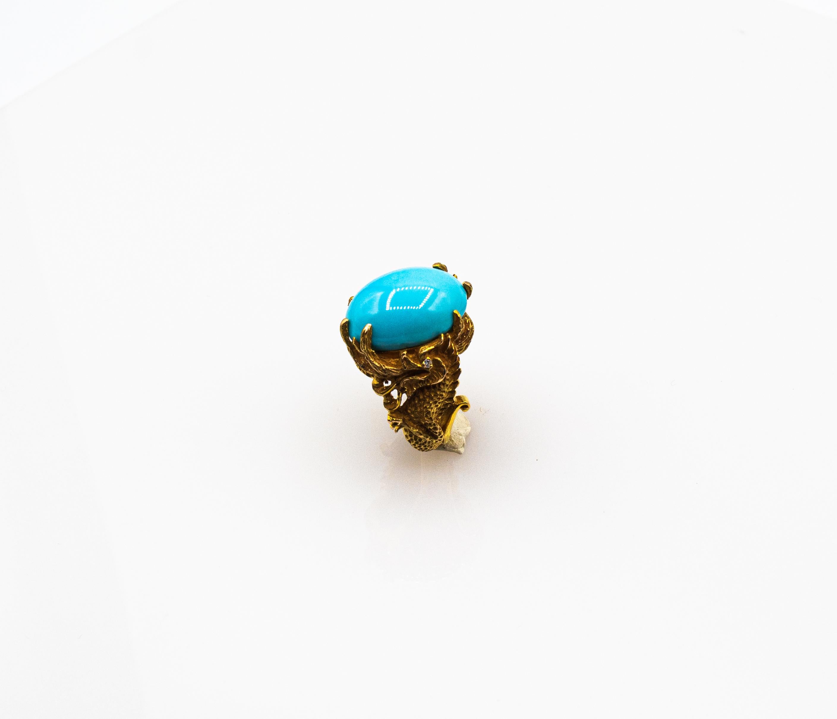 Art Nouveau Style White Diamond Cabochon Cut Turquoise Yellow Gold Dragons Ring For Sale 3