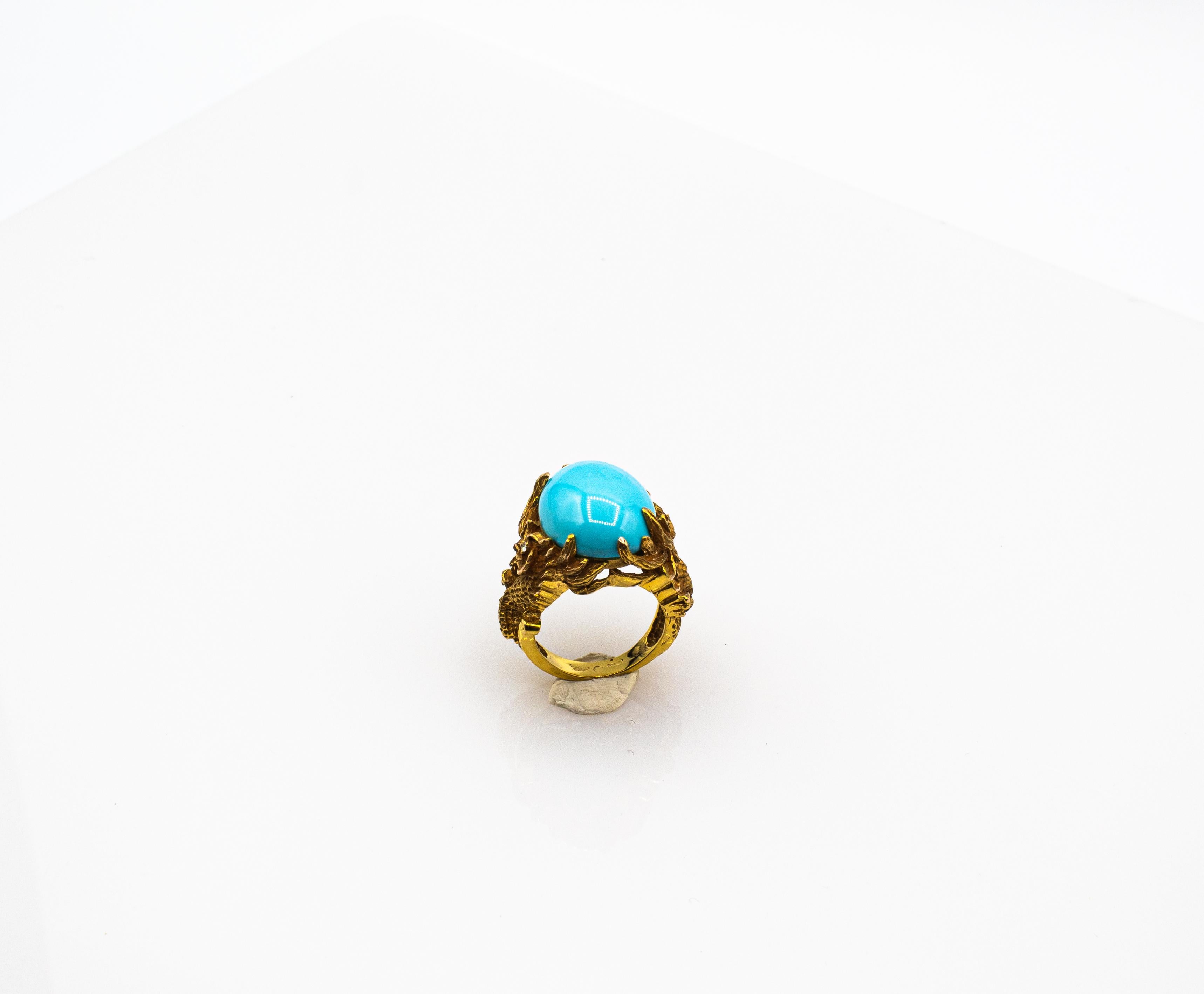 Art Nouveau Style White Diamond Cabochon Cut Turquoise Yellow Gold Dragons Ring For Sale 4