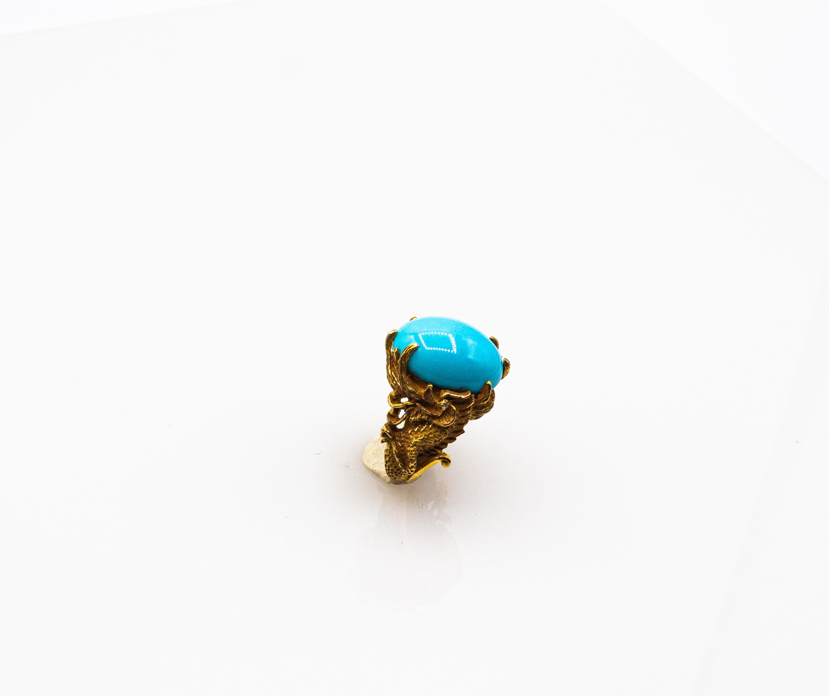 Art Nouveau Style White Diamond Cabochon Cut Turquoise Yellow Gold Dragons Ring For Sale 5