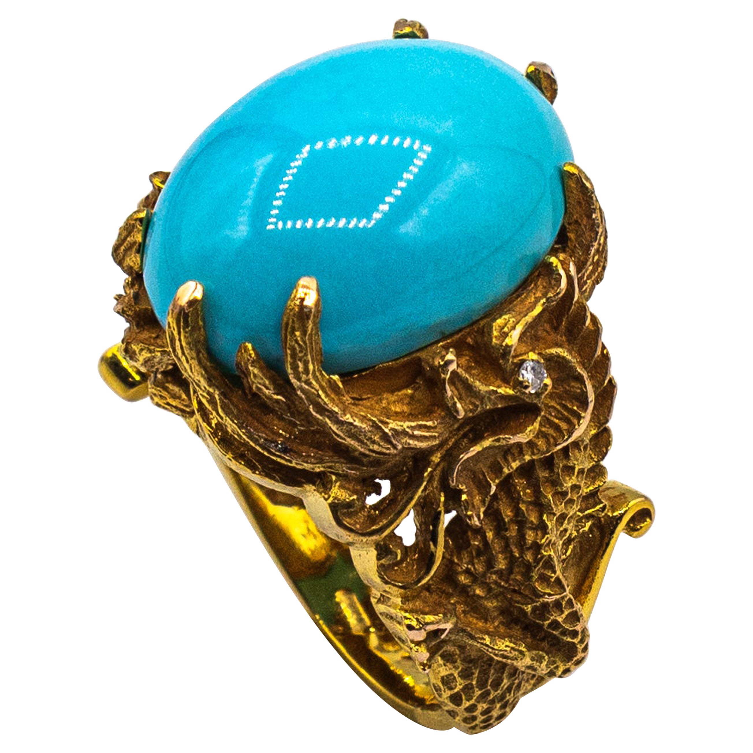 Art Nouveau Style White Diamond Cabochon Cut Turquoise Yellow Gold Dragons Ring For Sale