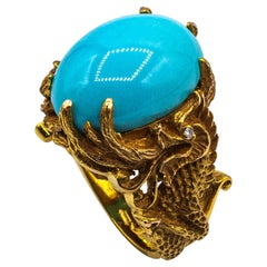 Art Nouveau Style White Diamond Cabochon Cut Turquoise Yellow Gold Dragons Ring