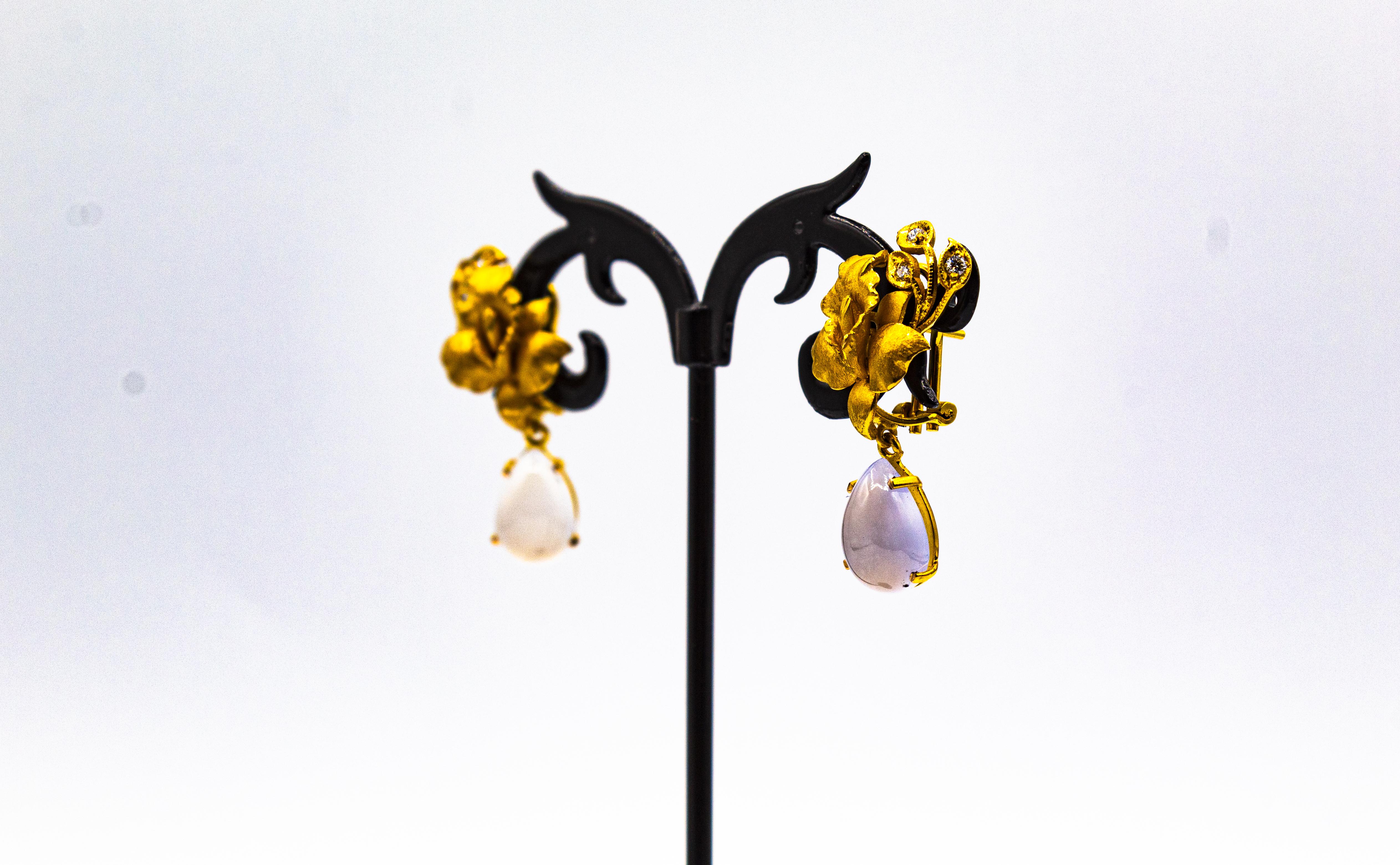 Art Nouveau Style White Diamond Chalcedony Yellow Gold Clip-on Drop Earrings For Sale 5