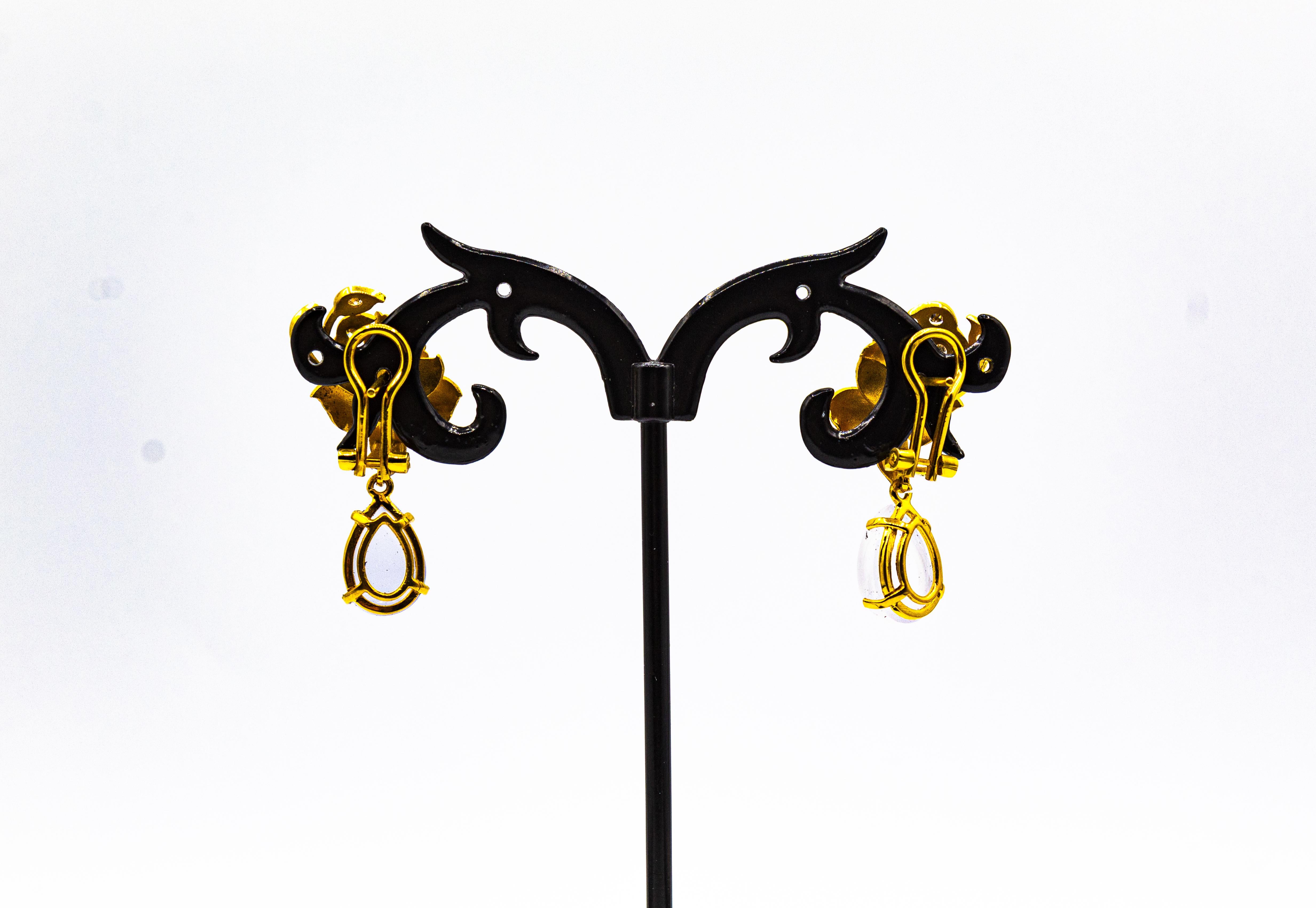 Art Nouveau Style White Diamond Chalcedony Yellow Gold Clip-on Drop Earrings For Sale 6
