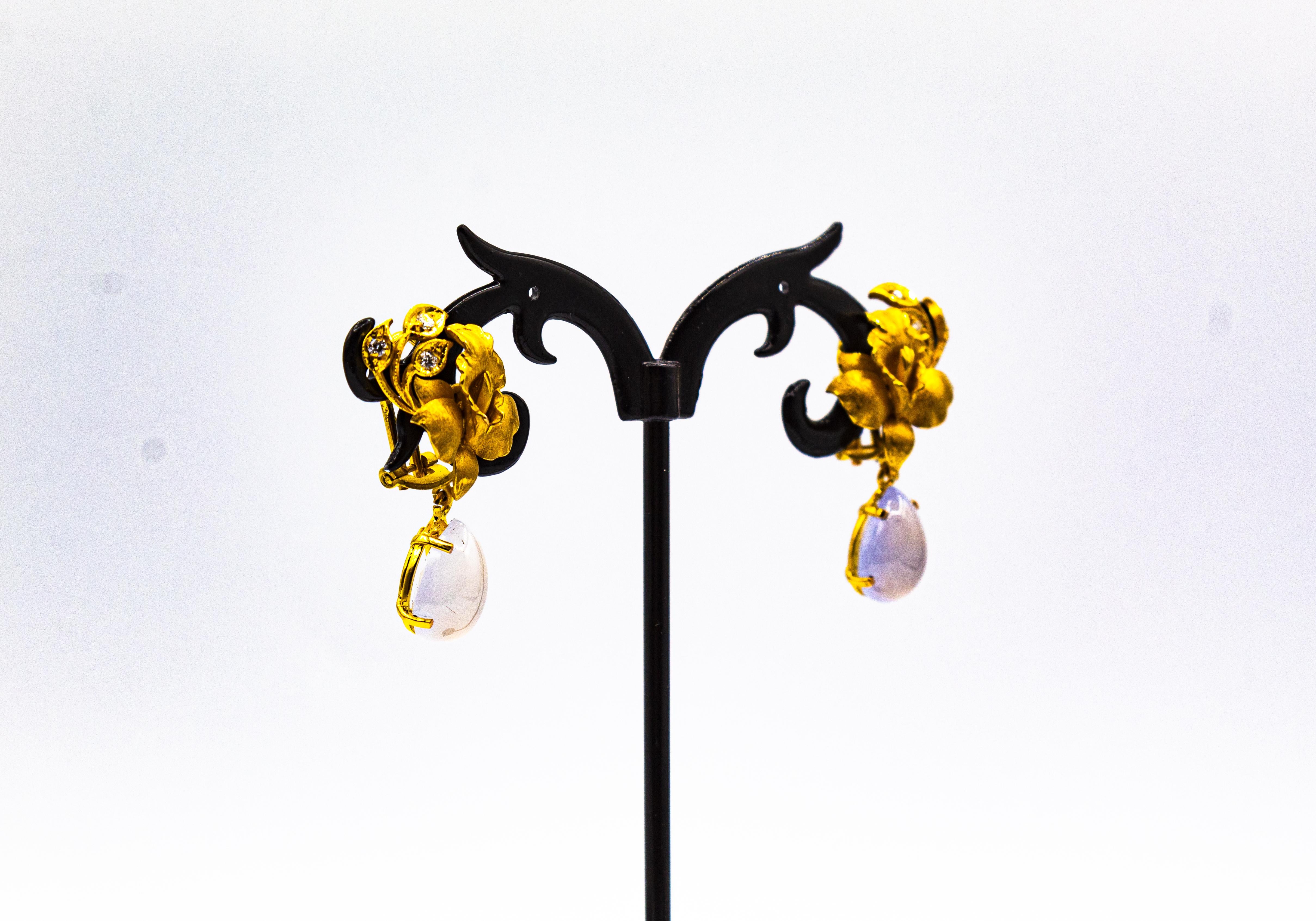 Art Nouveau Style White Diamond Chalcedony Yellow Gold Clip-on Drop Earrings For Sale 7