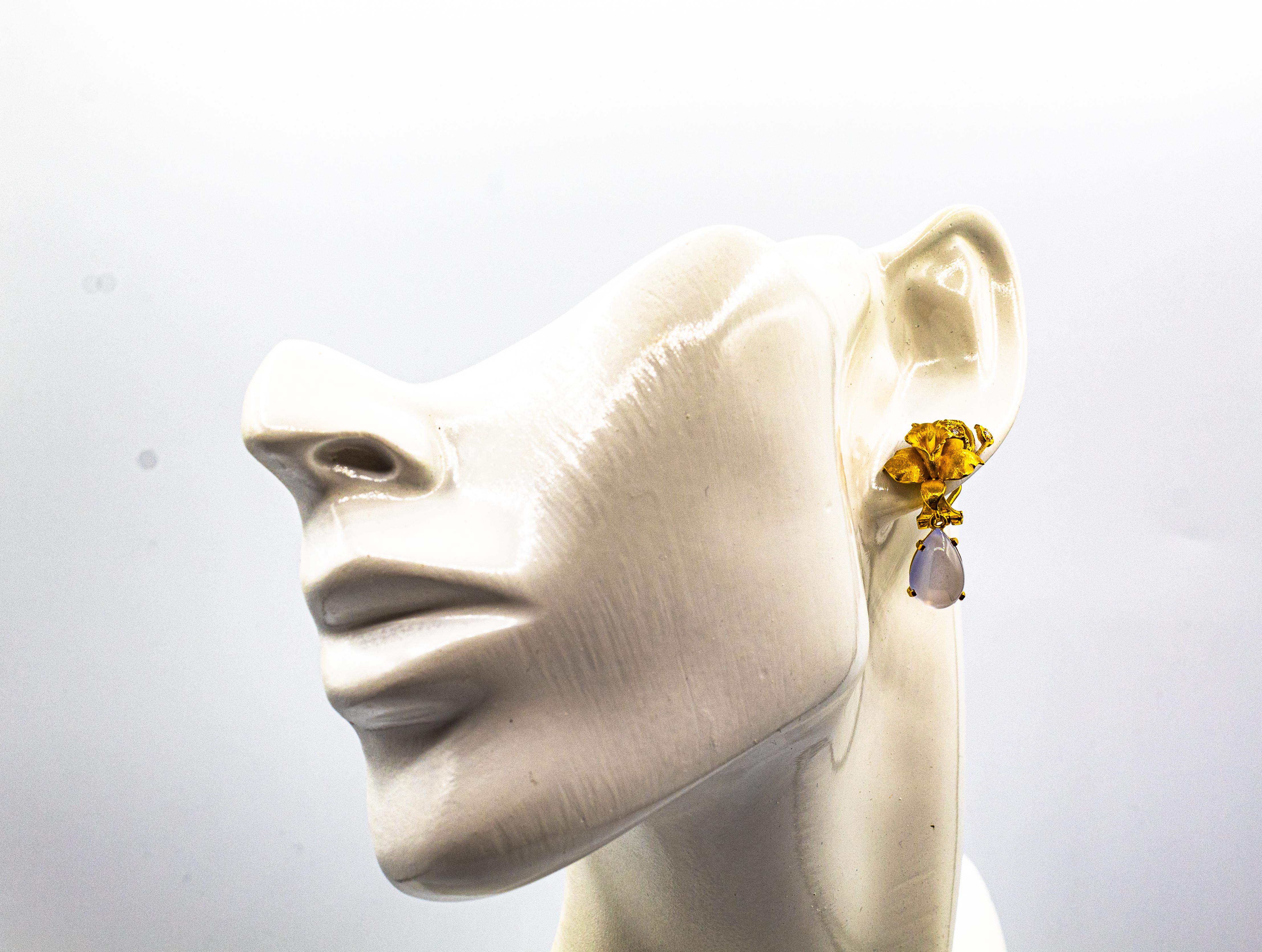 Art Nouveau Style White Diamond Chalcedony Yellow Gold Clip-on Drop Earrings For Sale 8