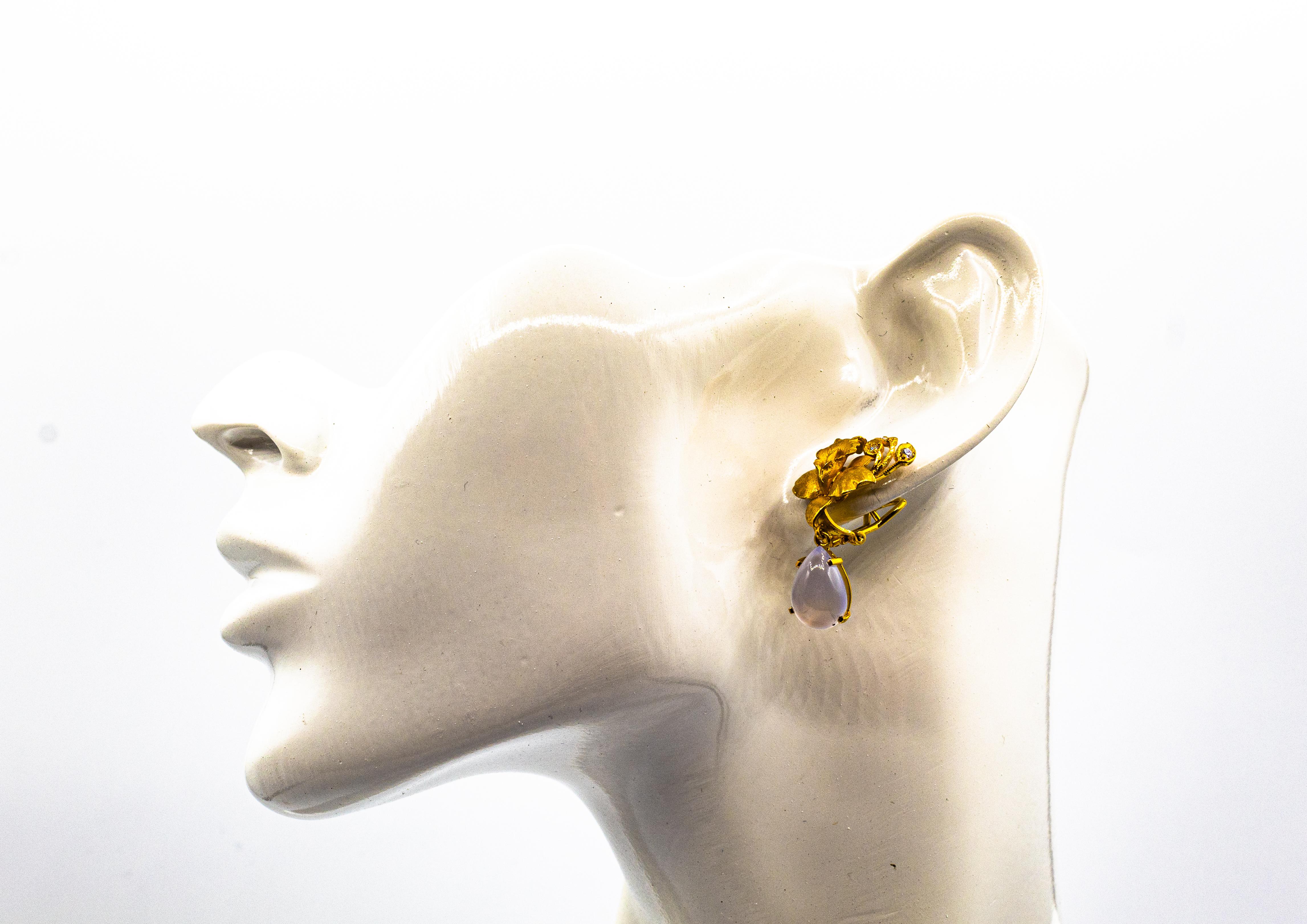 Art Nouveau Style White Diamond Chalcedony Yellow Gold Clip-on Drop Earrings For Sale 9