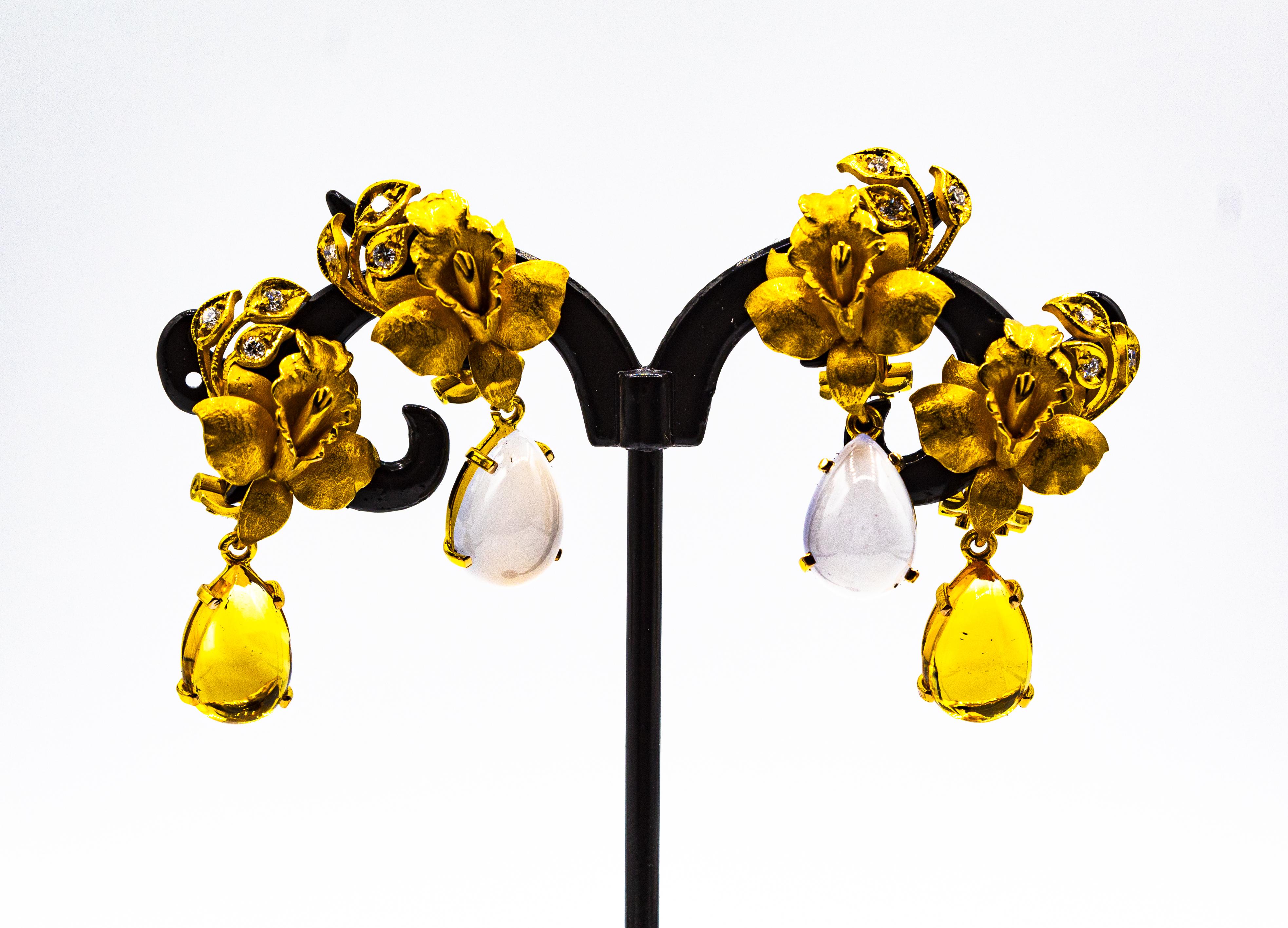 Brilliant Cut Art Nouveau Style White Diamond Chalcedony Yellow Gold Clip-on Drop Earrings