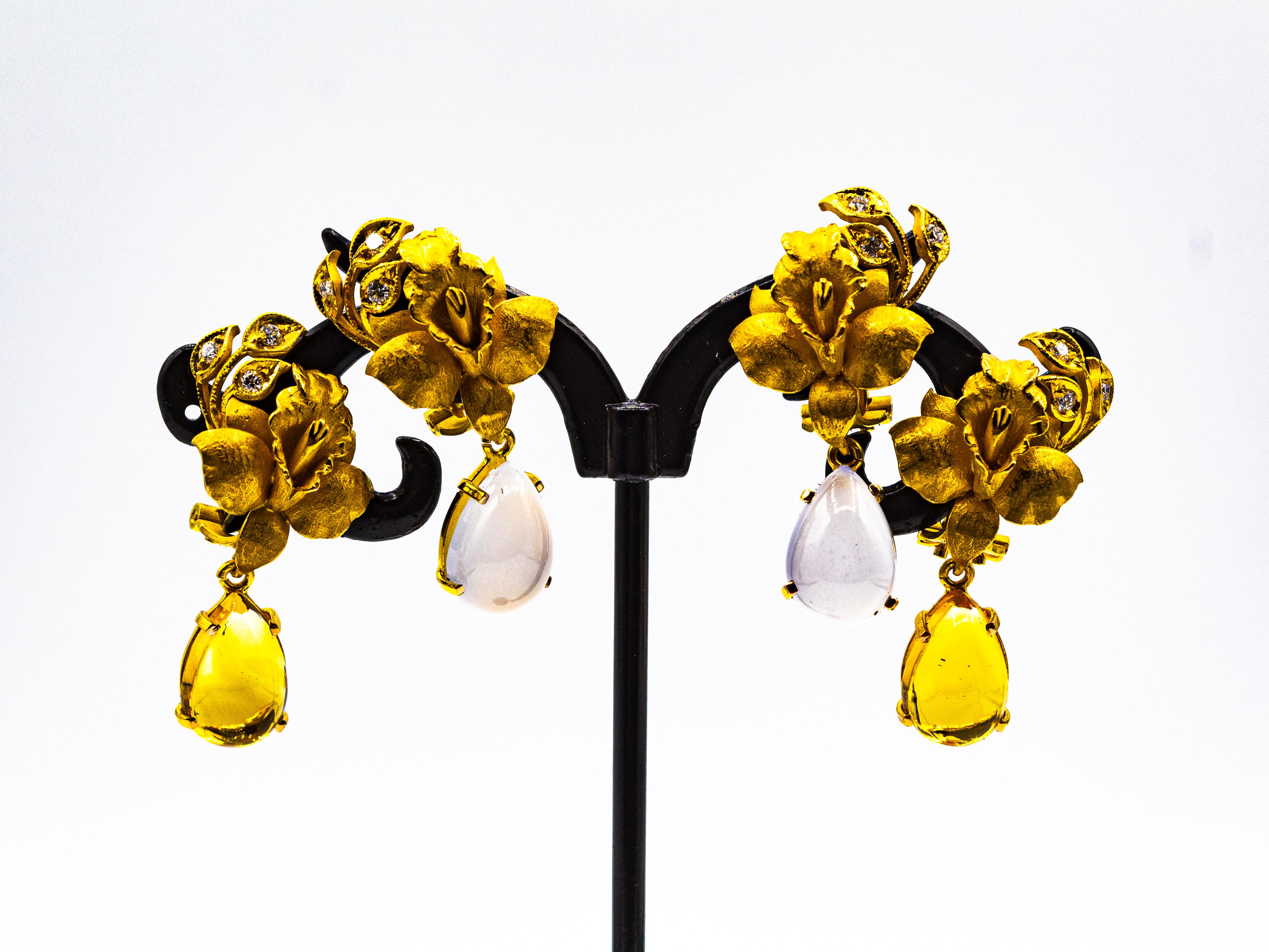 Art Nouveau Style White Diamond Chalcedony Yellow Gold Clip-on Drop Earrings In New Condition In Naples, IT