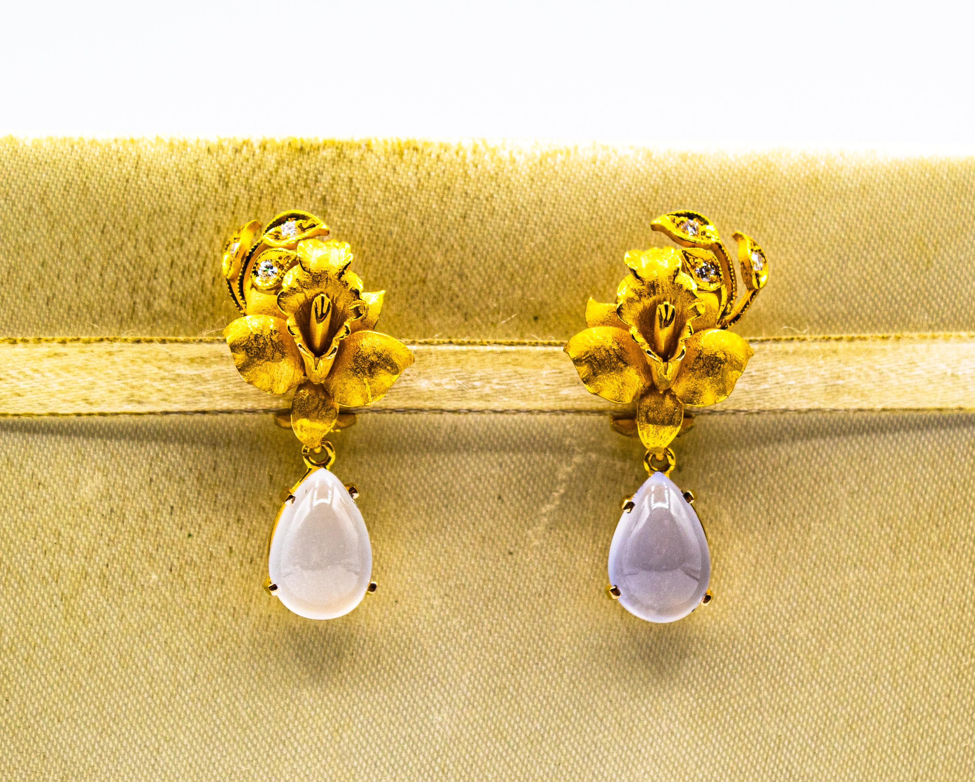 Women's or Men's Art Nouveau Style White Diamond Chalcedony Yellow Gold Clip-on Drop Earrings