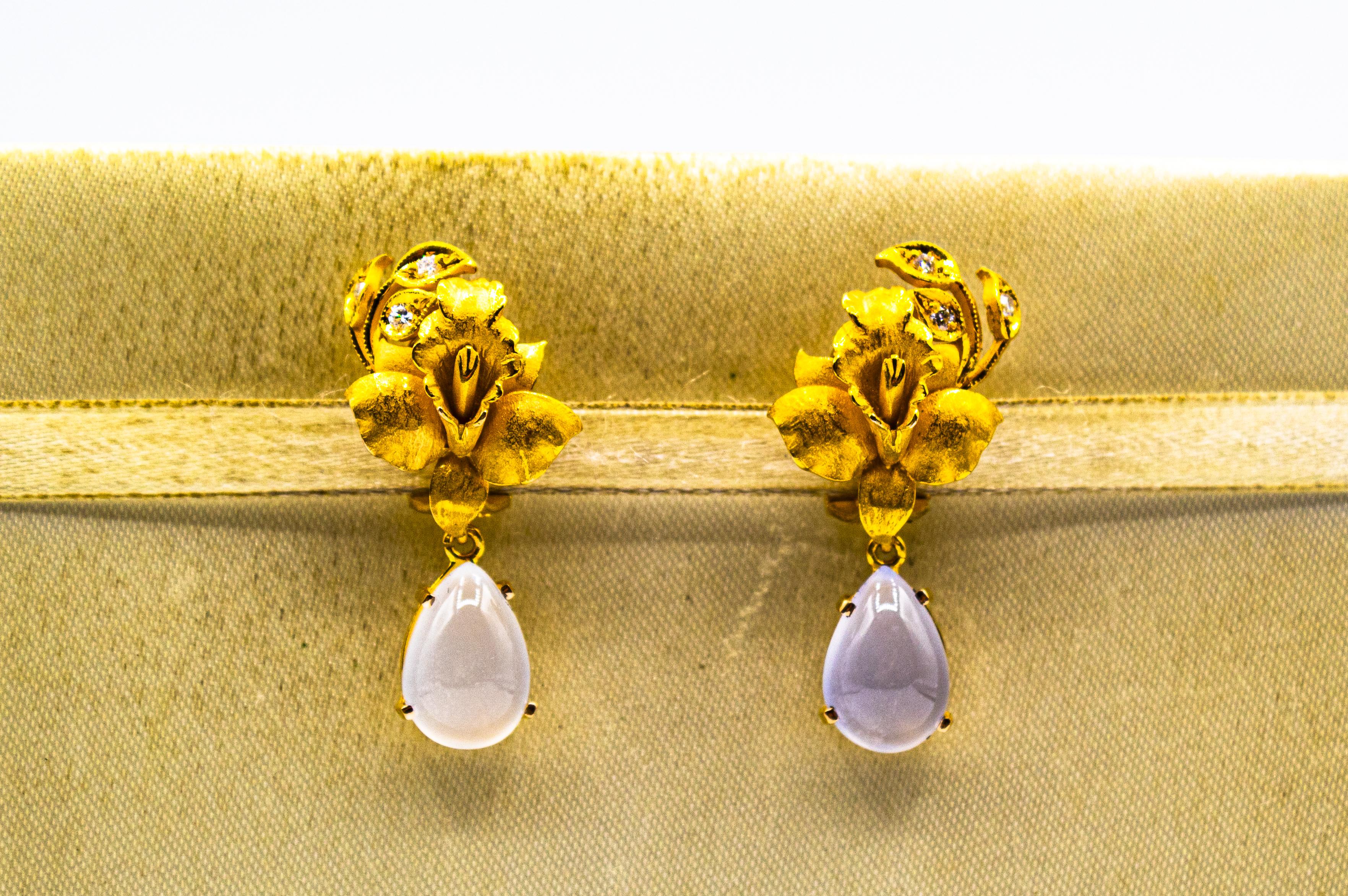 Art Nouveau Style White Diamond Chalcedony Yellow Gold Clip-on Drop Earrings For Sale 1