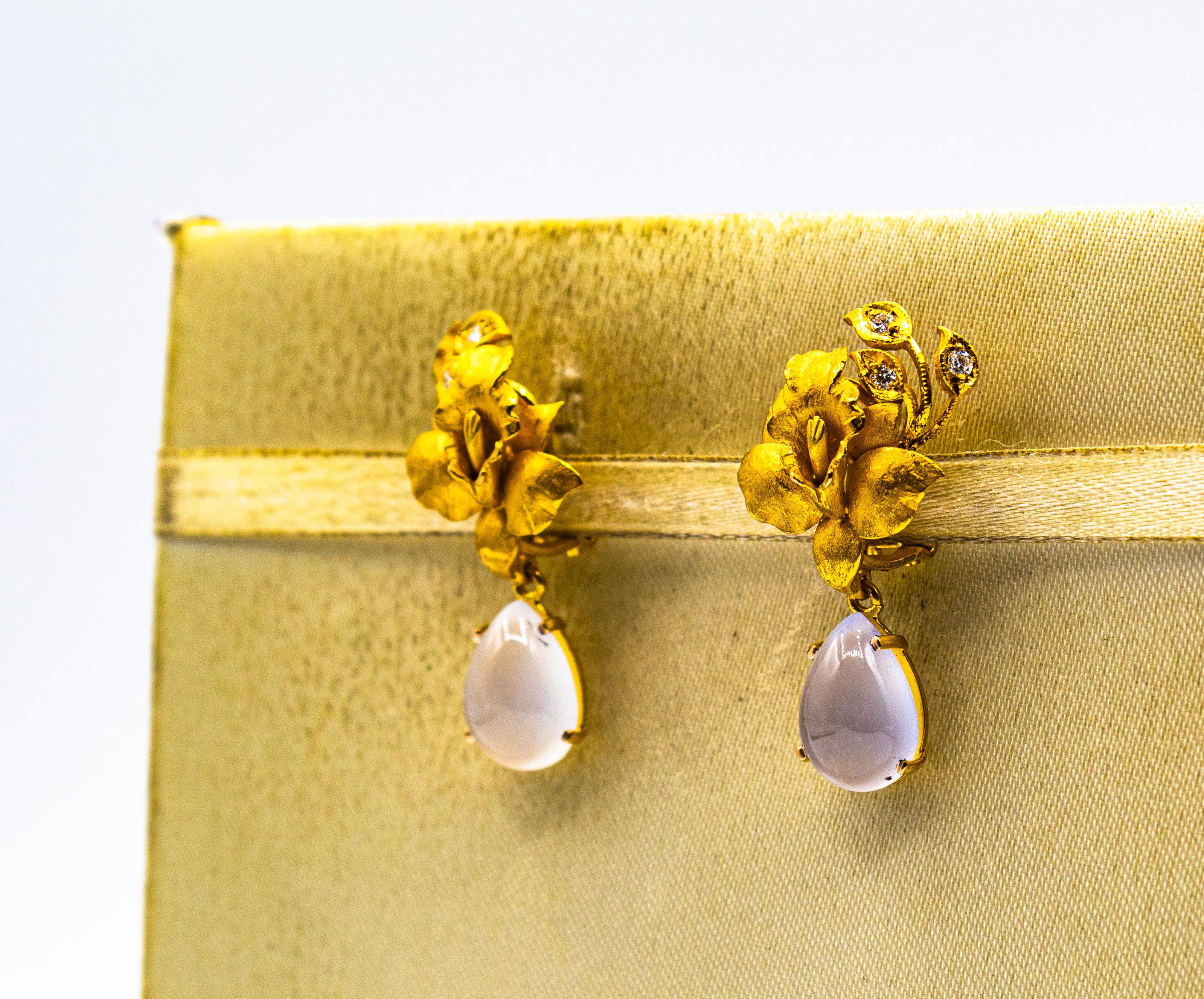 Art Nouveau Style White Diamond Chalcedony Yellow Gold Clip-on Drop Earrings For Sale 2