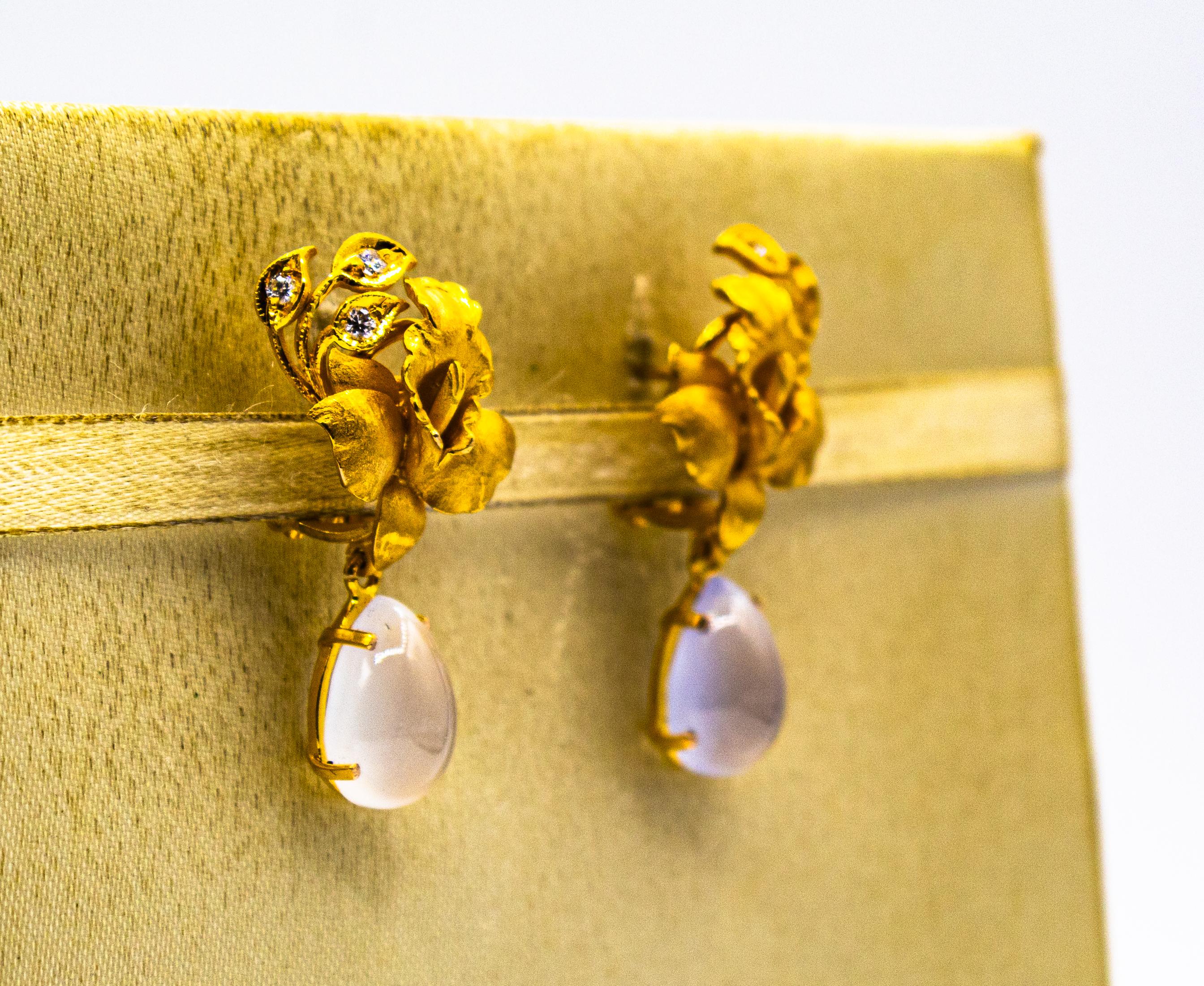 Art Nouveau Style White Diamond Chalcedony Yellow Gold Clip-on Drop Earrings For Sale 3
