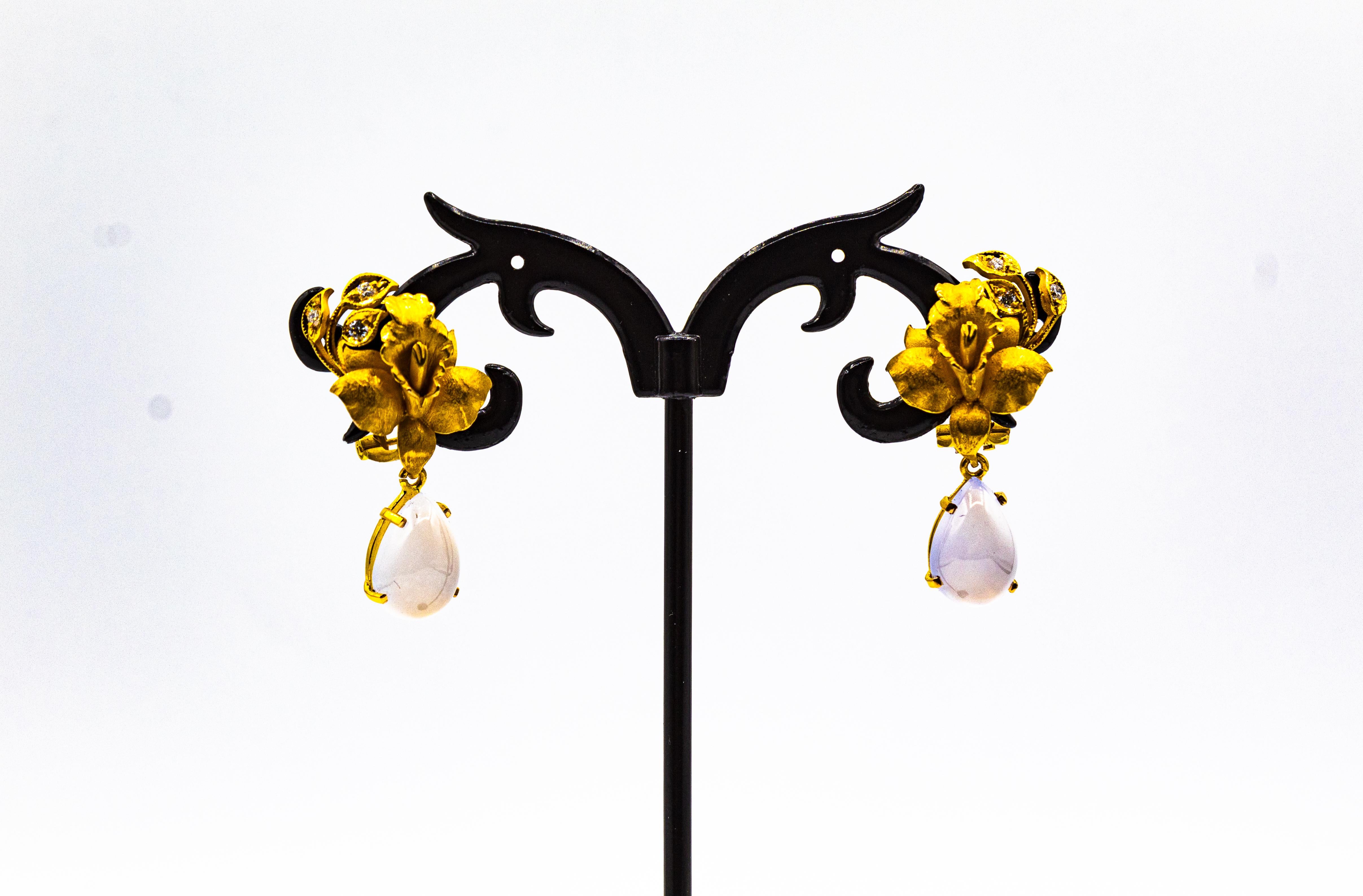 Art Nouveau Style White Diamond Chalcedony Yellow Gold Clip-on Drop Earrings For Sale 4