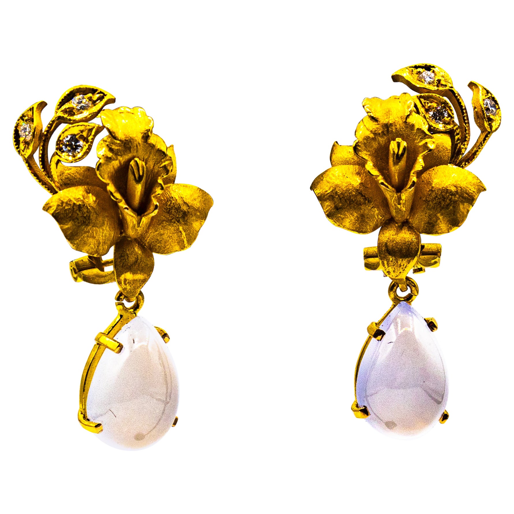 Art Nouveau Style White Diamond Chalcedony Yellow Gold Clip-on Drop Earrings For Sale