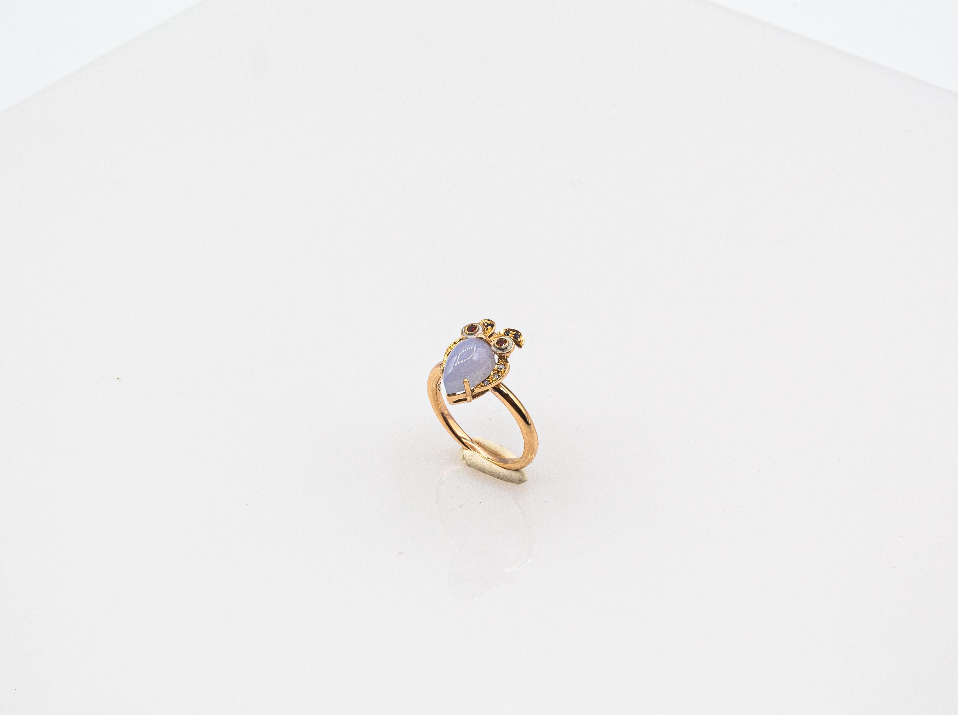 Brilliant Cut Art Nouveau Style White Diamond Chalcedony Yellow Gold Cocktail 