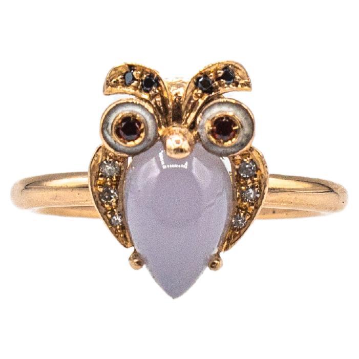 Art Nouveau Style White Diamond Chalcedony Yellow Gold Cocktail "Owl" Ring For Sale