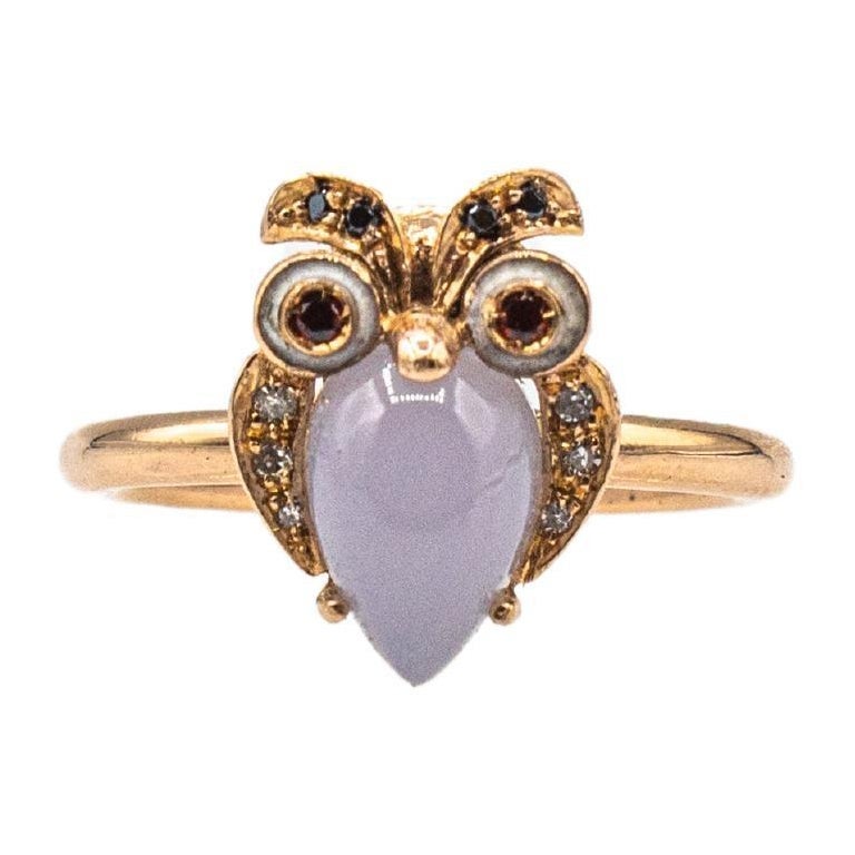 Art Nouveau Style White Diamond Chalcedony Yellow Gold Cocktail "Owl" Ring For Sale