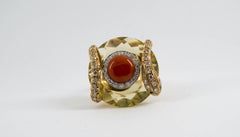 Art Nouveau Style White Diamond Citrine Red Coral Yellow Gold Cocktail Ring