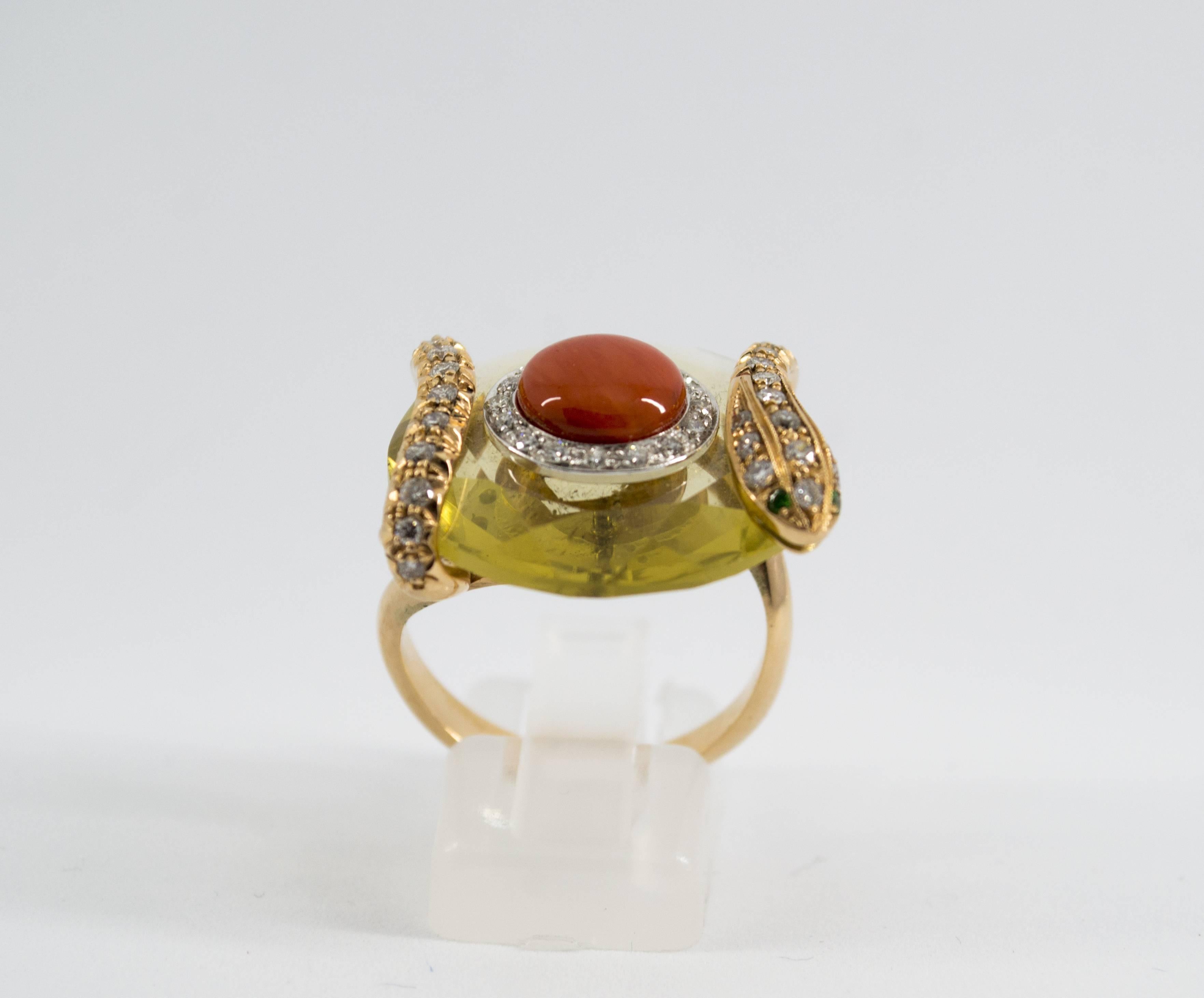 Anillo de Cóctel de Oro Amarillo Estilo Art Nouveau Diamante Blanco Citrino Coral Rojo Corte brillante en venta