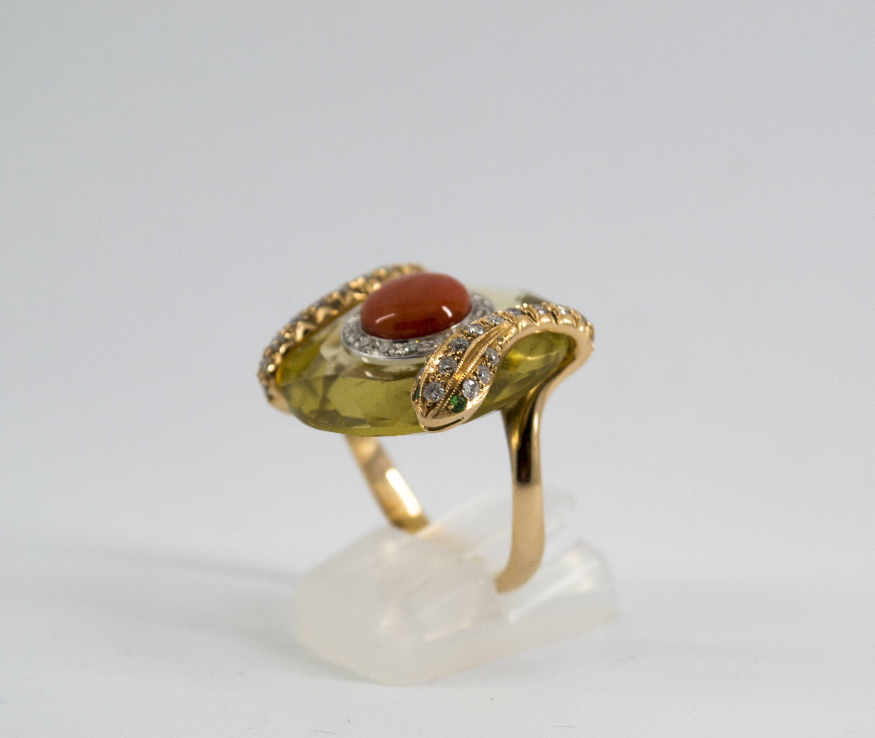 Art Nouveau Style White Diamond Citrine Red Coral Yellow Gold Cocktail Ring In New Condition For Sale In Naples, IT