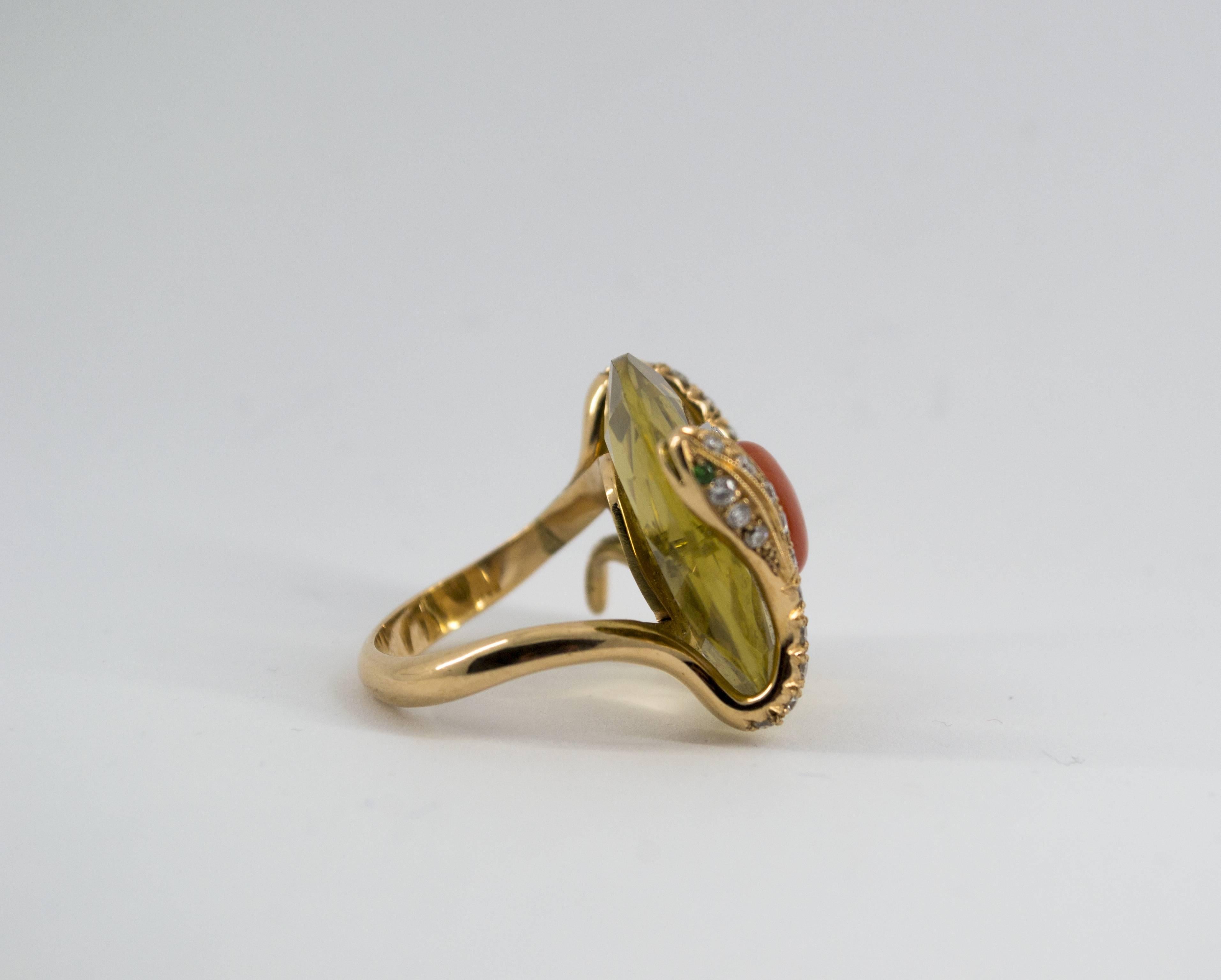 Women's or Men's Art Nouveau Style White Diamond Citrine Red Coral Yellow Gold Cocktail Ring For Sale