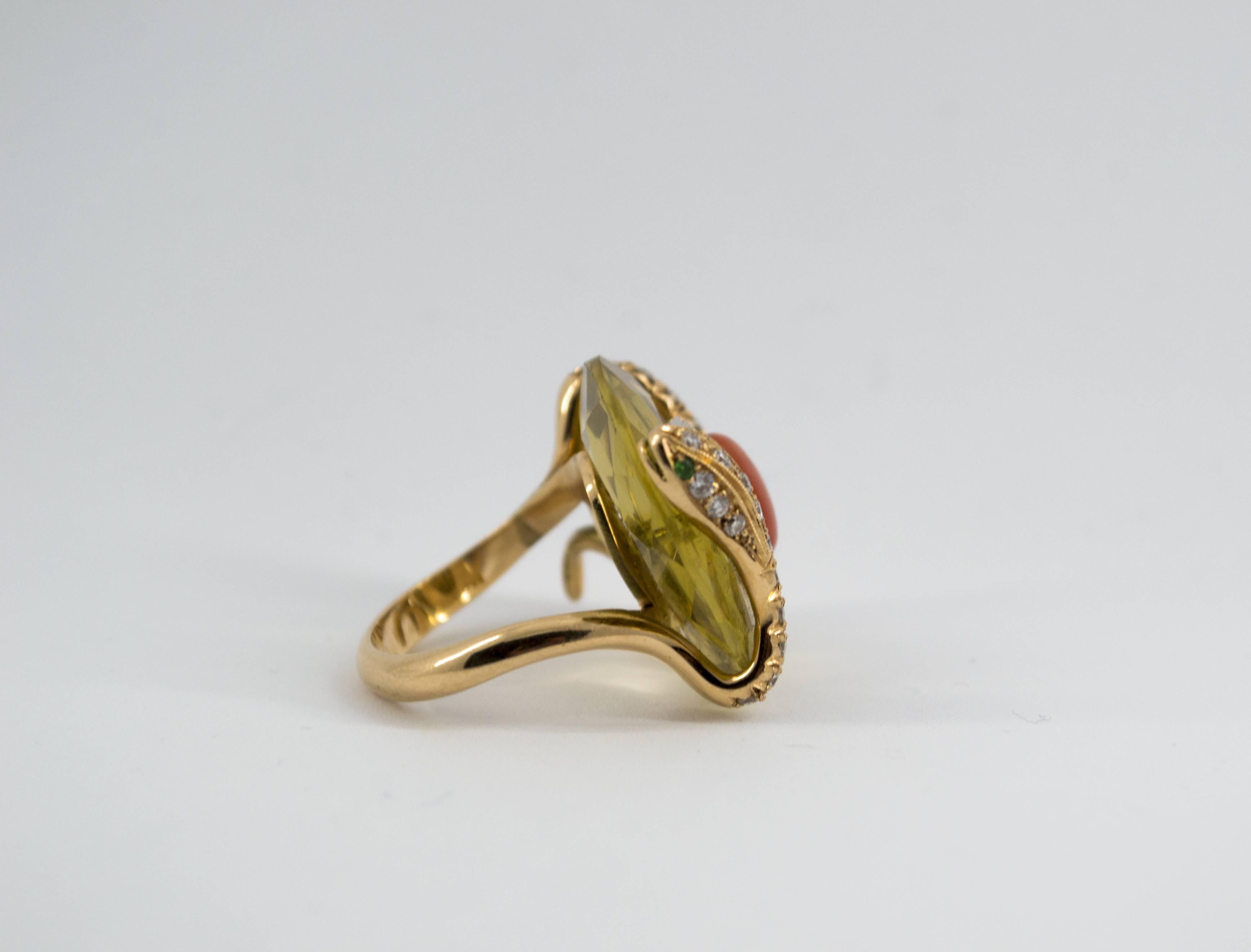 Art Nouveau Style White Diamond Citrine Red Coral Yellow Gold Cocktail Ring For Sale 1