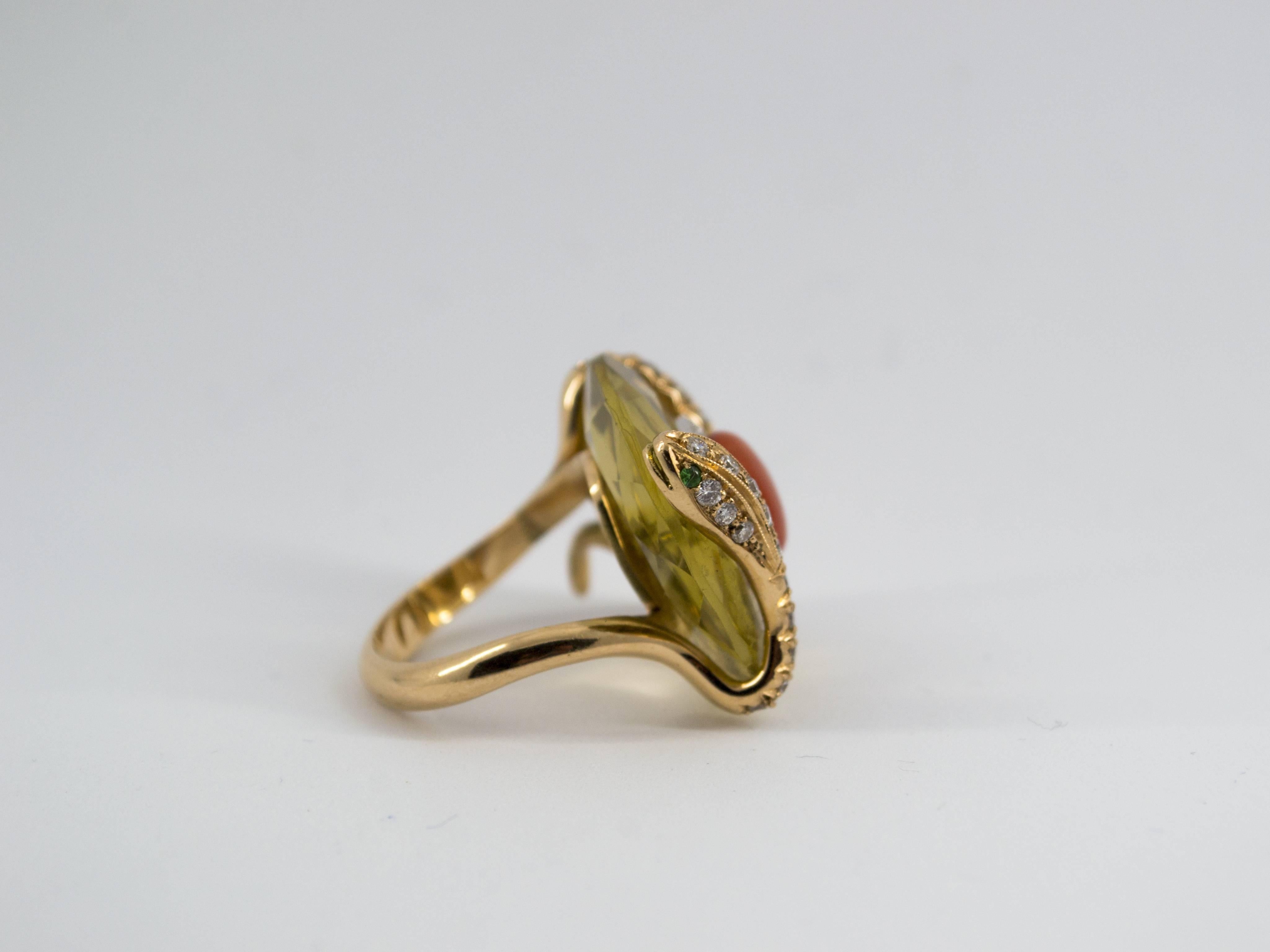 Art Nouveau Style White Diamond Citrine Red Coral Yellow Gold Cocktail Ring For Sale 2