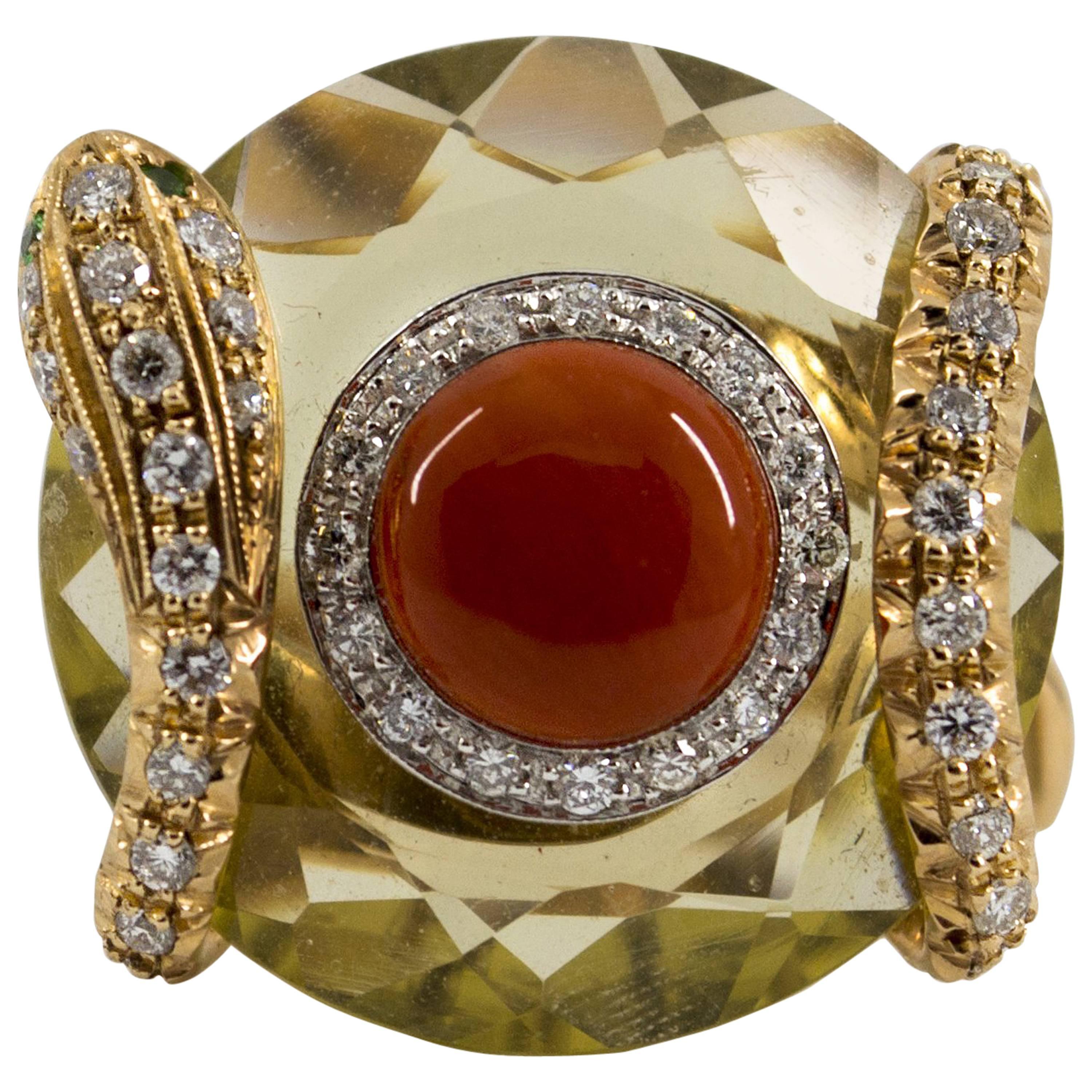 Art Nouveau Style White Diamond Citrine Red Coral Yellow Gold Cocktail Ring For Sale