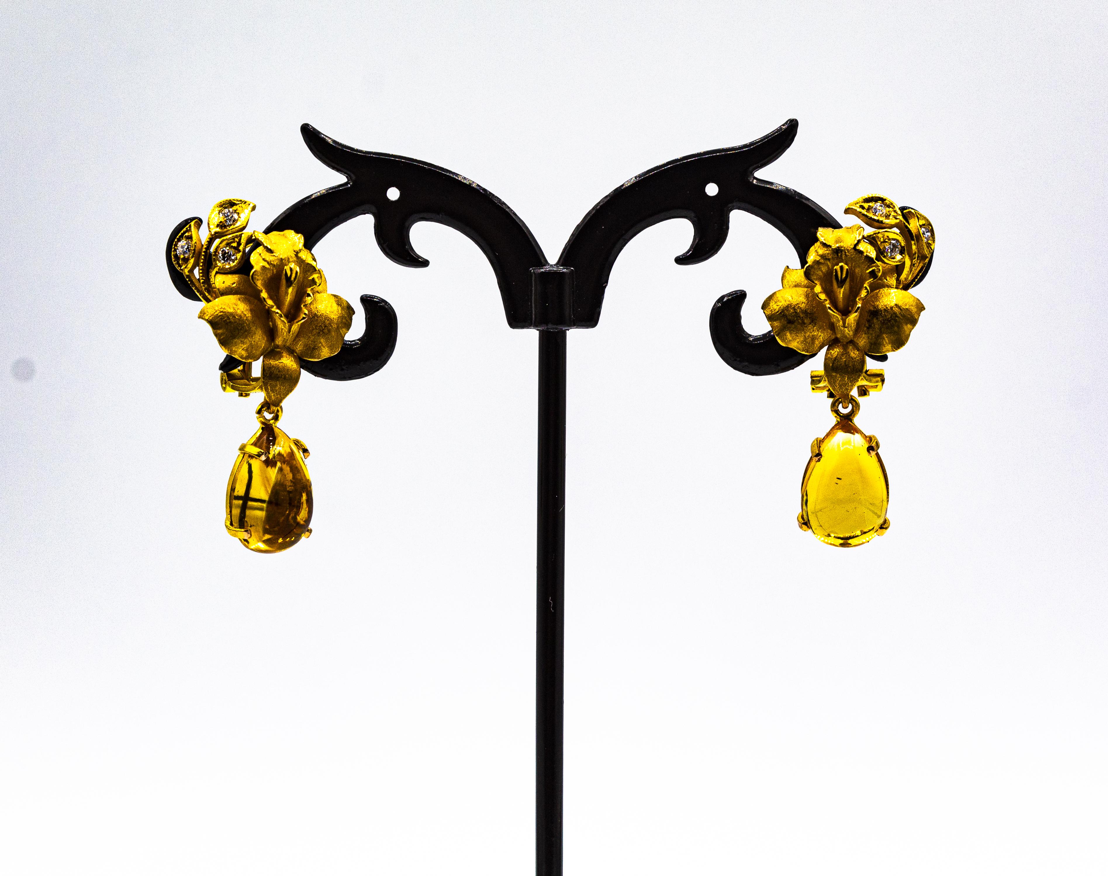 Art Nouveau Style White Diamond Citrine Yellow Gold Clip-On Drop Earrings For Sale 2