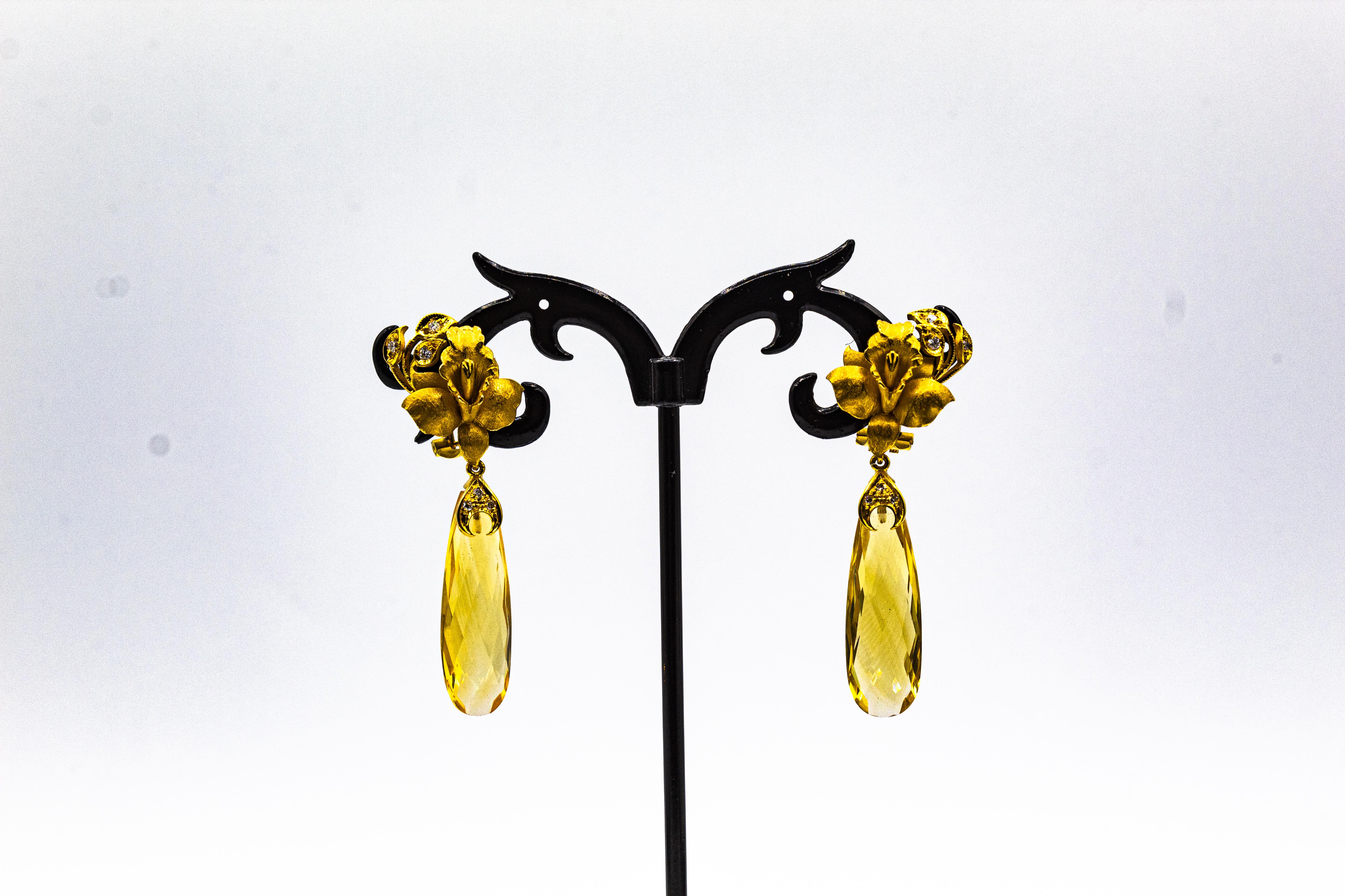 Art Nouveau Style White Diamond Citrine Yellow Gold Clip-On Drop Earrings For Sale 5