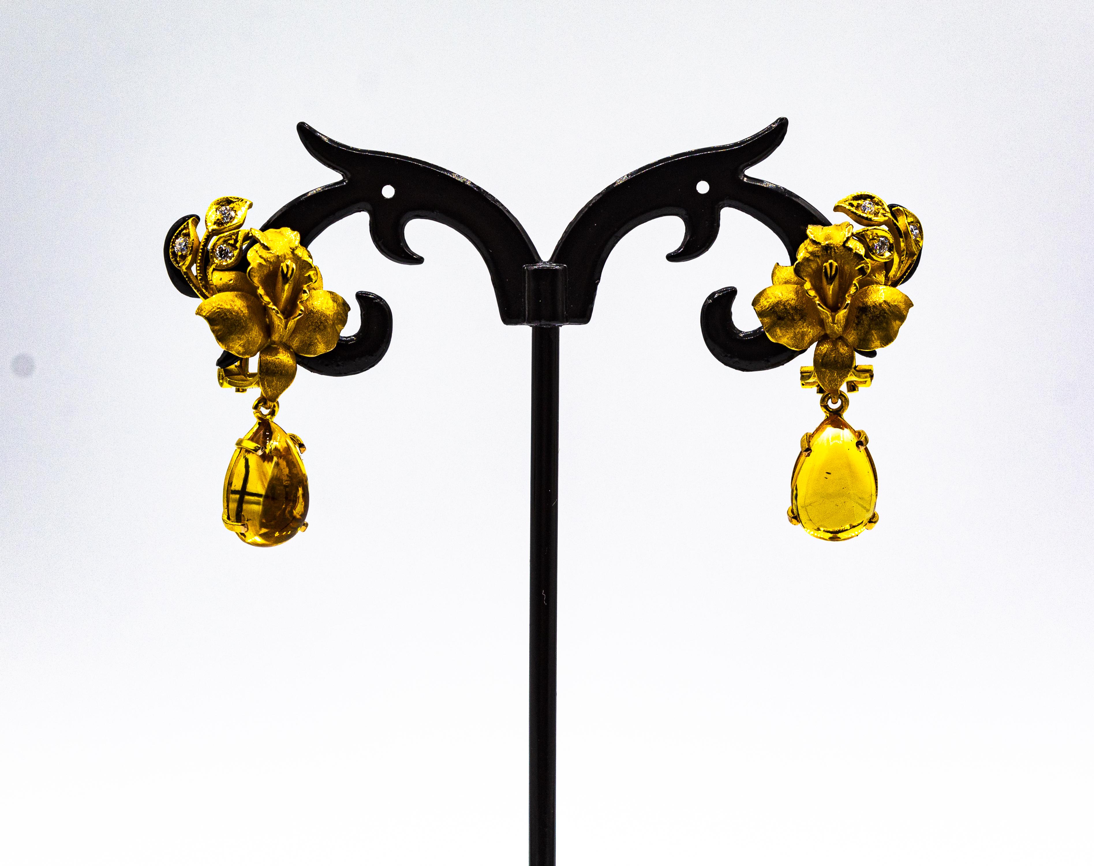Art Nouveau Style White Diamond Citrine Yellow Gold Clip-On Drop Earrings For Sale 5