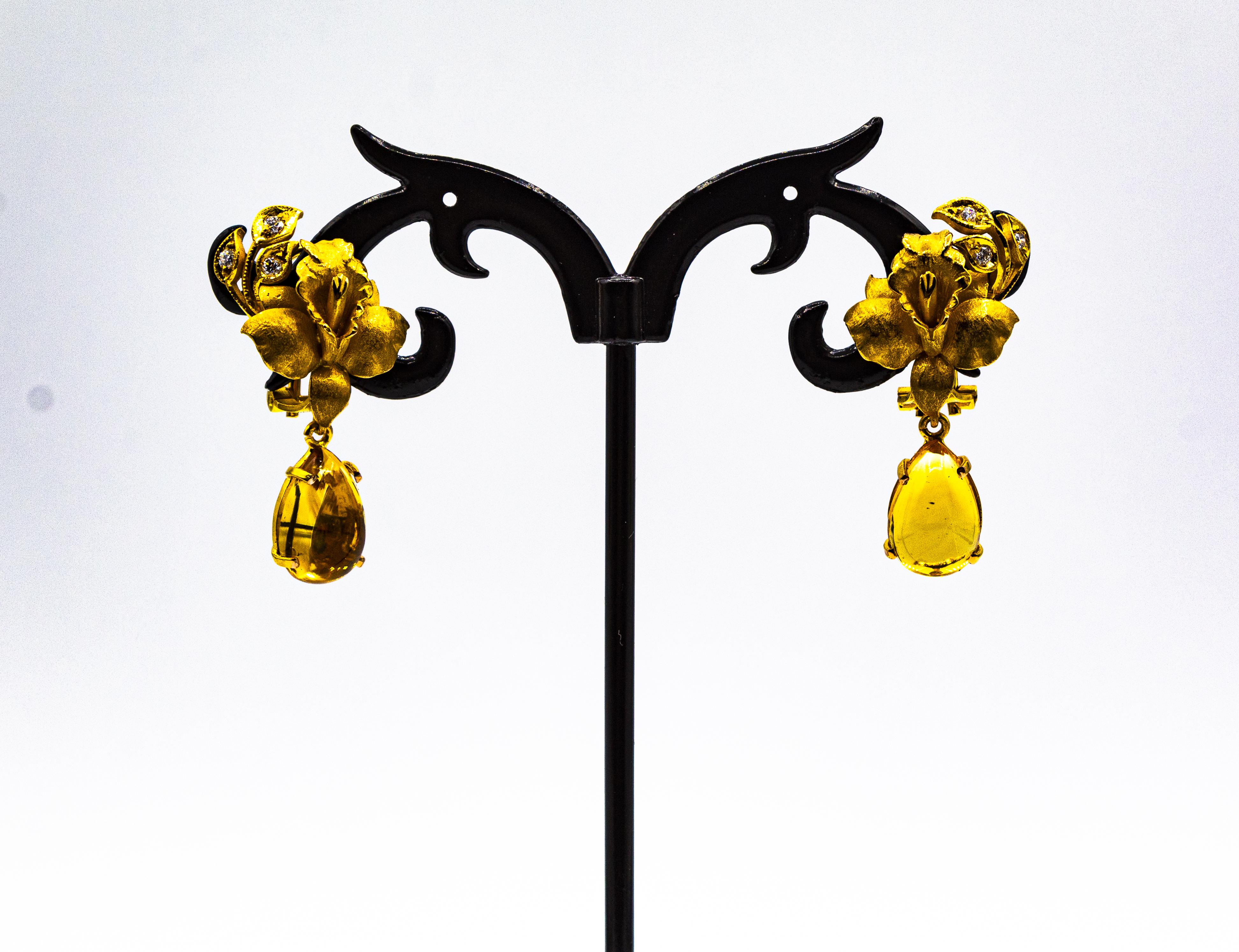 Art Nouveau Style White Diamond Citrine Yellow Gold Clip-On Drop Earrings For Sale 3
