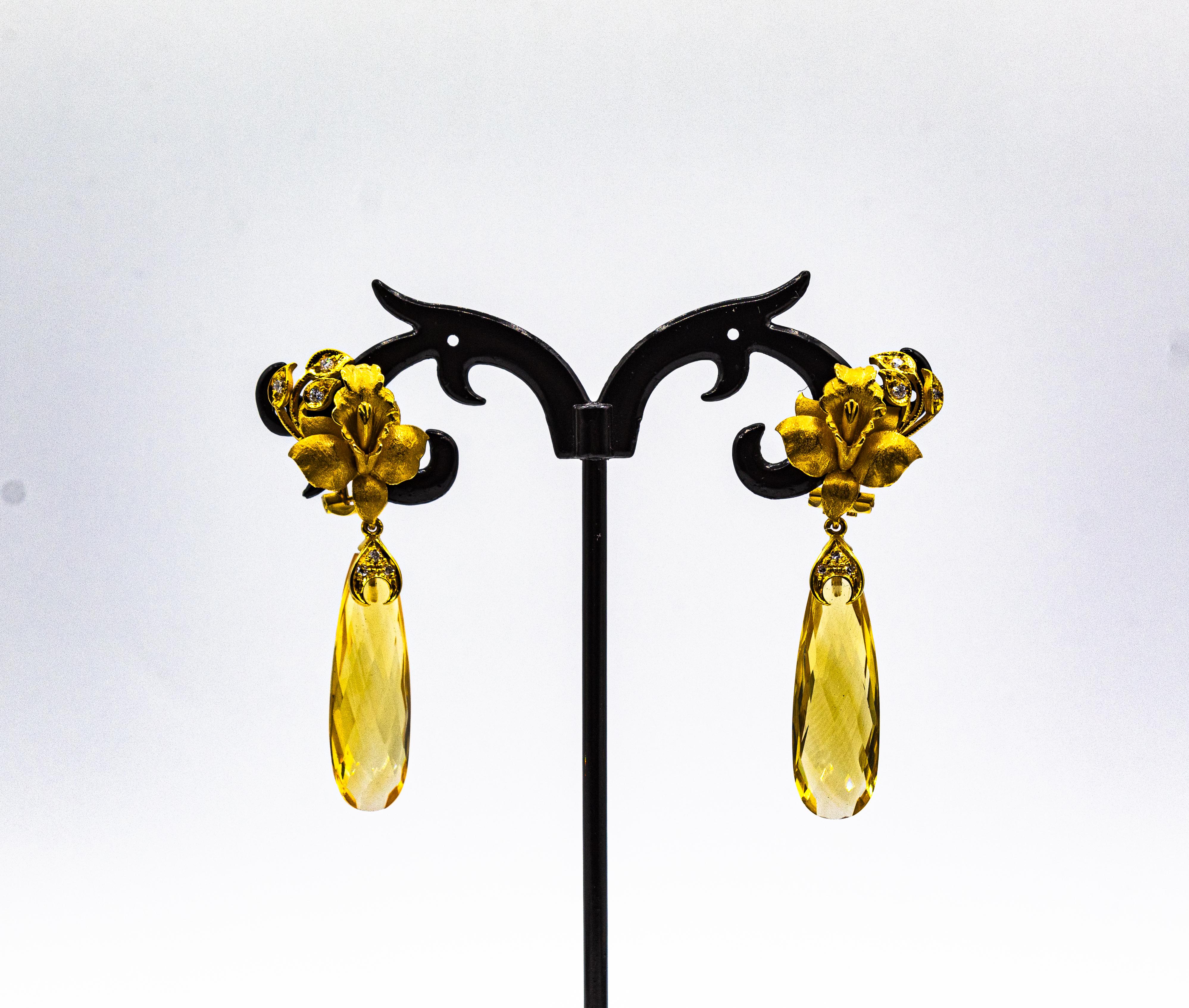 Art Nouveau Style White Diamond Citrine Yellow Gold Clip-On Drop Earrings For Sale 6