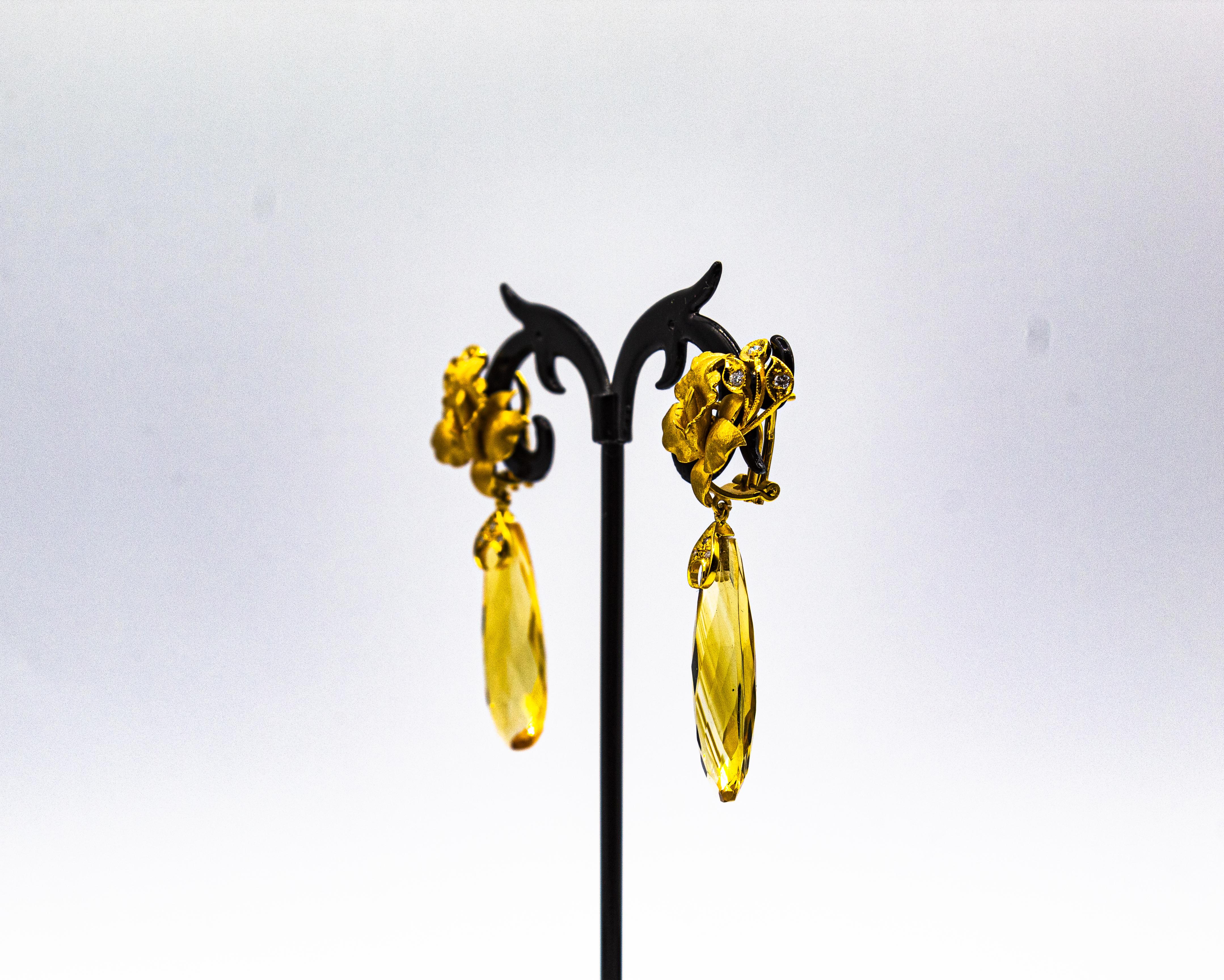 Art Nouveau Style White Diamond Citrine Yellow Gold Clip-On Drop Earrings For Sale 7
