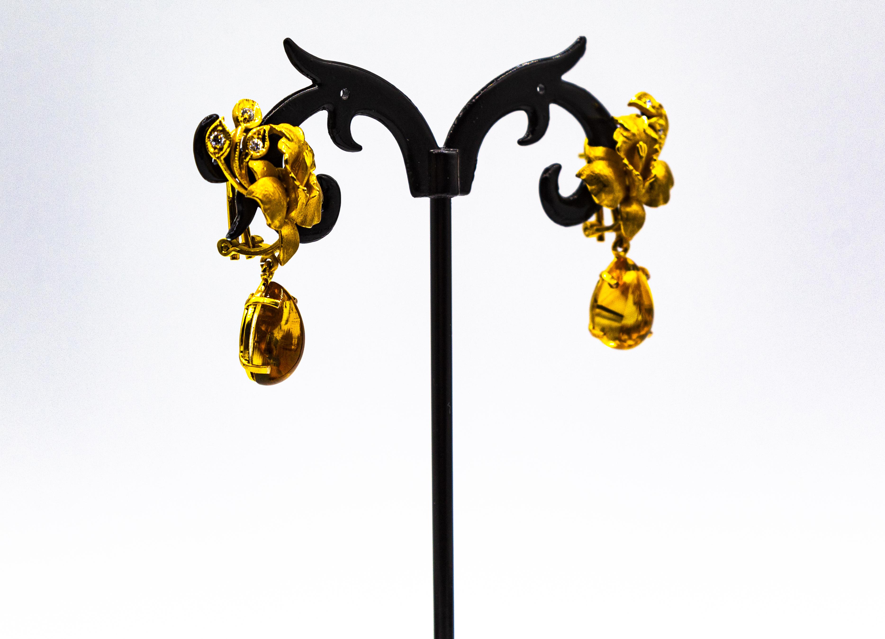Art Nouveau Style White Diamond Citrine Yellow Gold Clip-On Drop Earrings For Sale 7