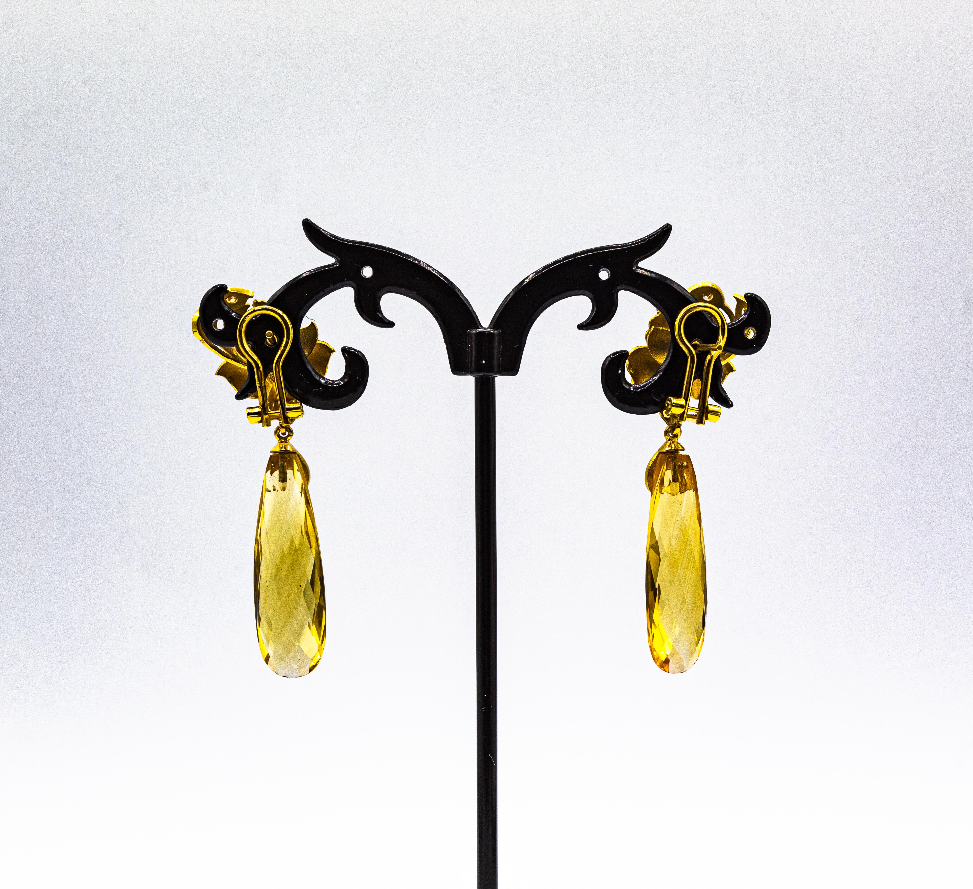 Art Nouveau Style White Diamond Citrine Yellow Gold Clip-On Drop Earrings For Sale 8