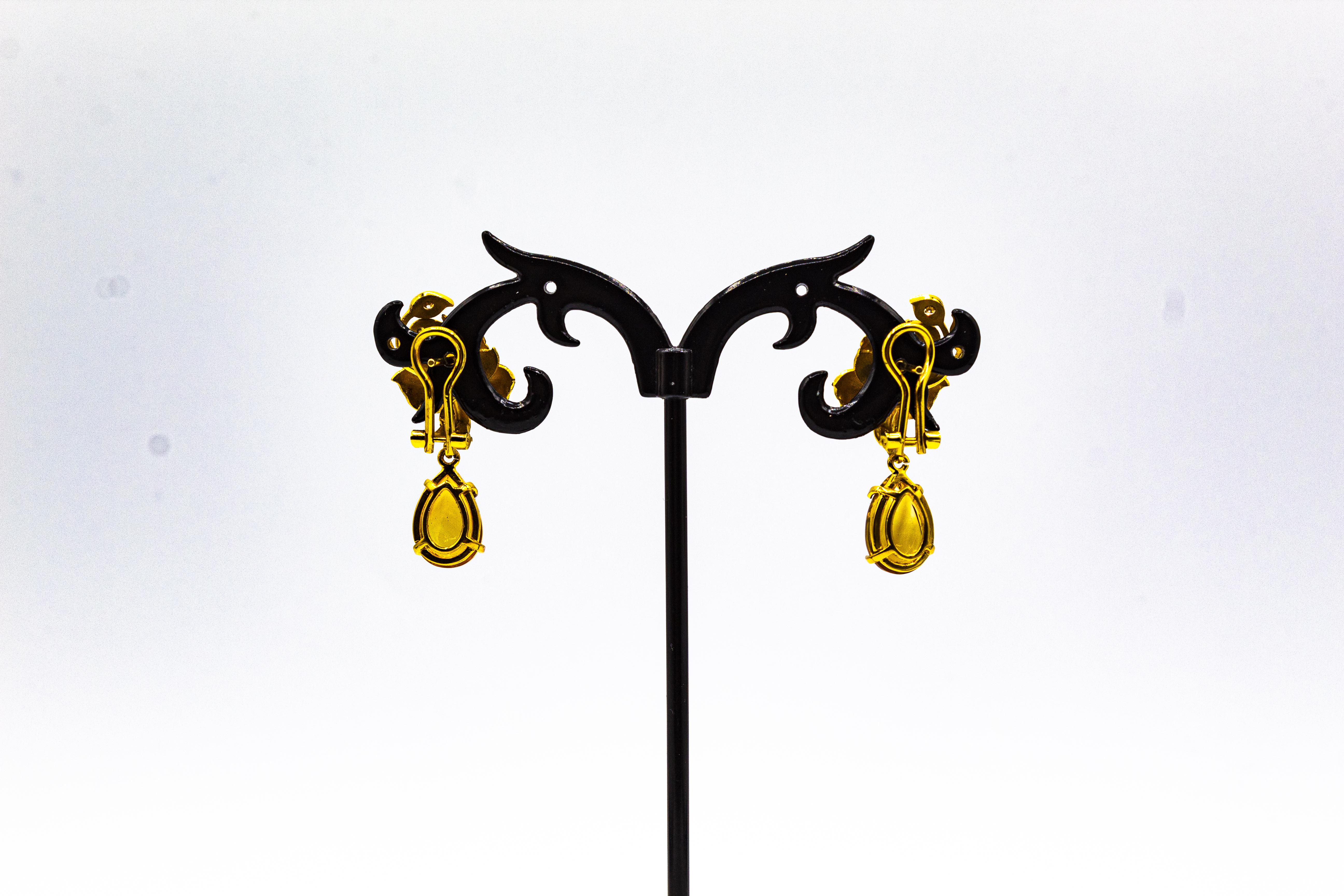 Art Nouveau Style White Diamond Citrine Yellow Gold Clip-On Drop Earrings For Sale 8