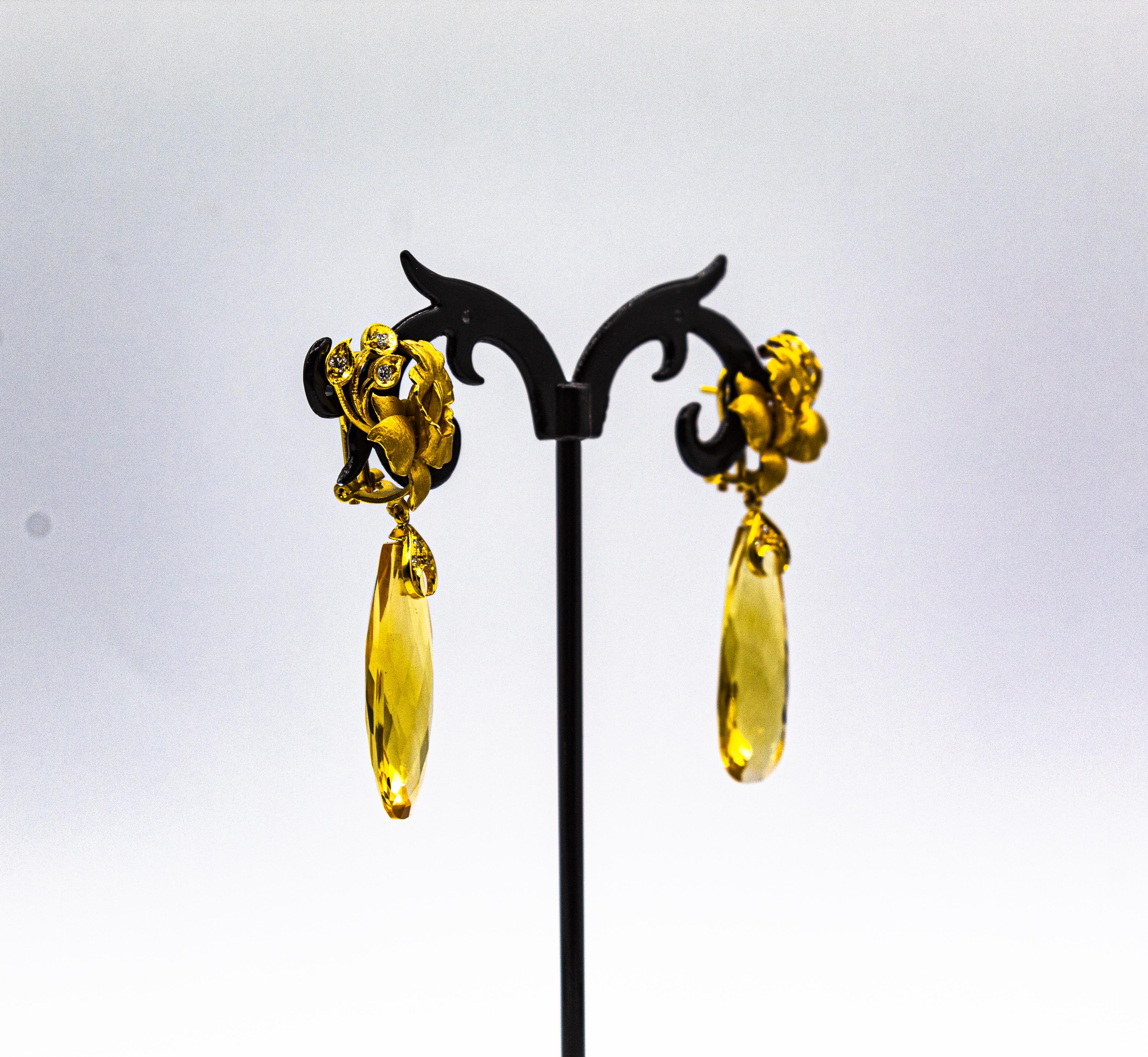 Art Nouveau Style White Diamond Citrine Yellow Gold Clip-On Drop Earrings For Sale 9
